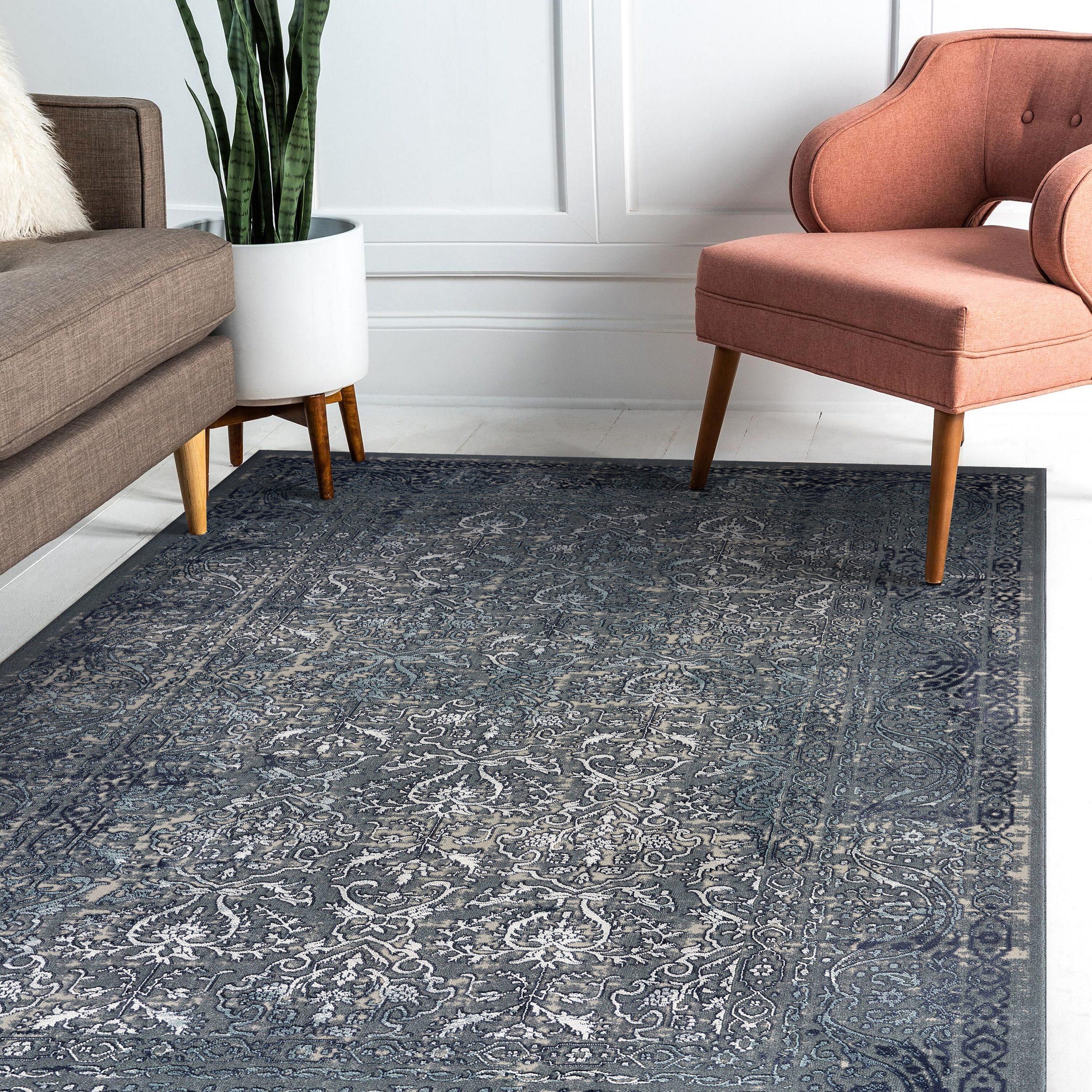 LR Home Imara Amety Blue/Silver Traditional Damask Polyester Area Rug, 9'6" x 13'