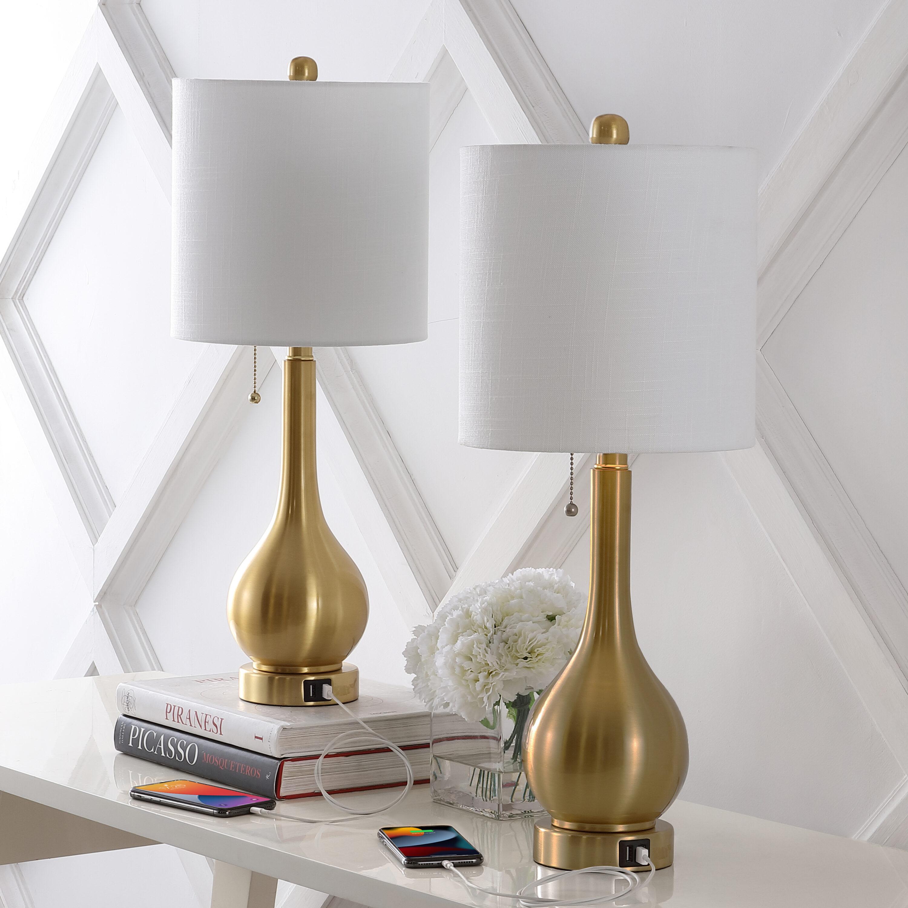 JONATHAN Y JYL1127C-SET2 Tyler 24" Modern Classic Gourd Iron LED Table Lamp with Pull-Chain with Dual USB Charging Port, for living room, dinning room Bulb Included, Brass Gold (Set of 2)