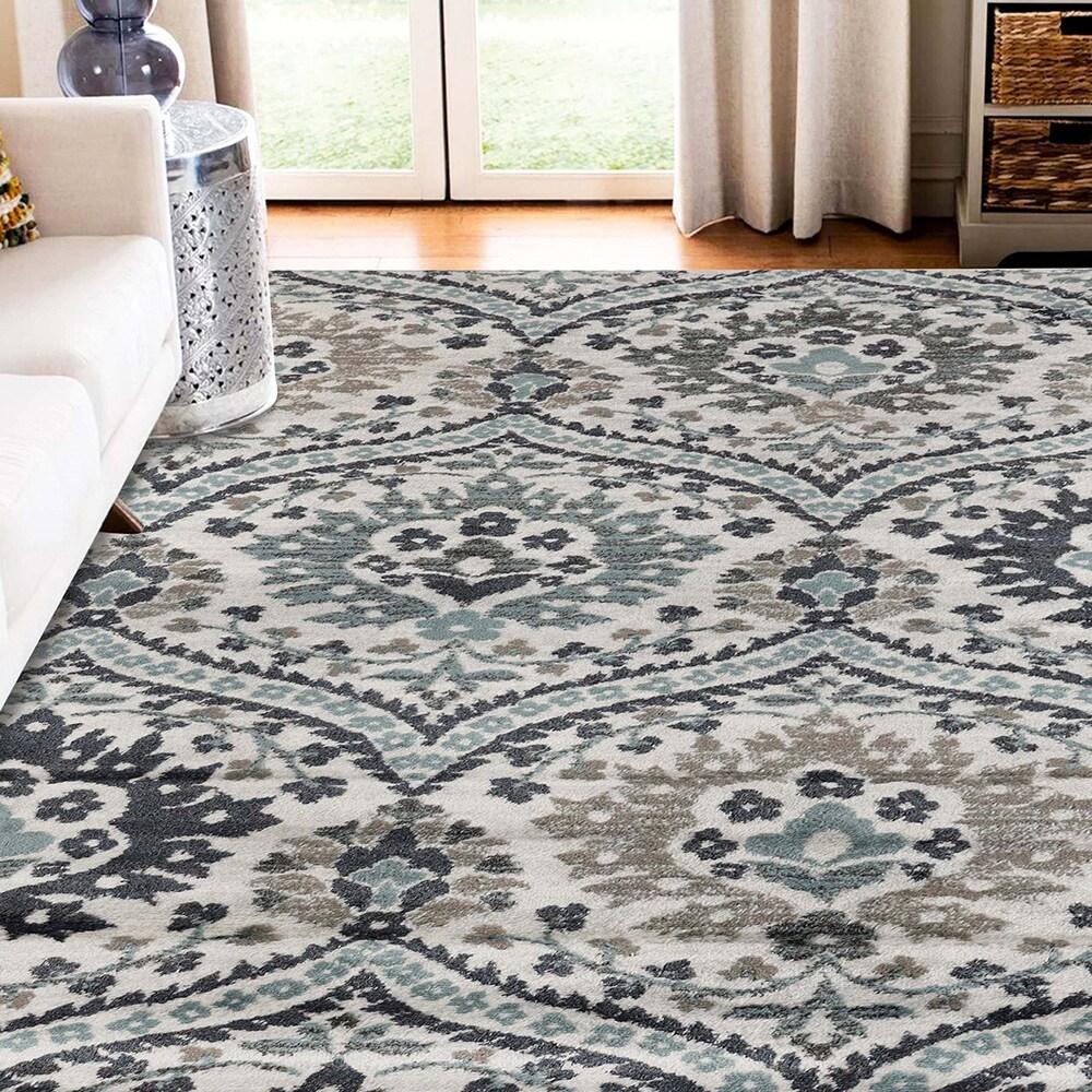 Superior Oriental Vintage Floral Damask Power-loom Indoor Area Rug, 7'x9', Deep Royal