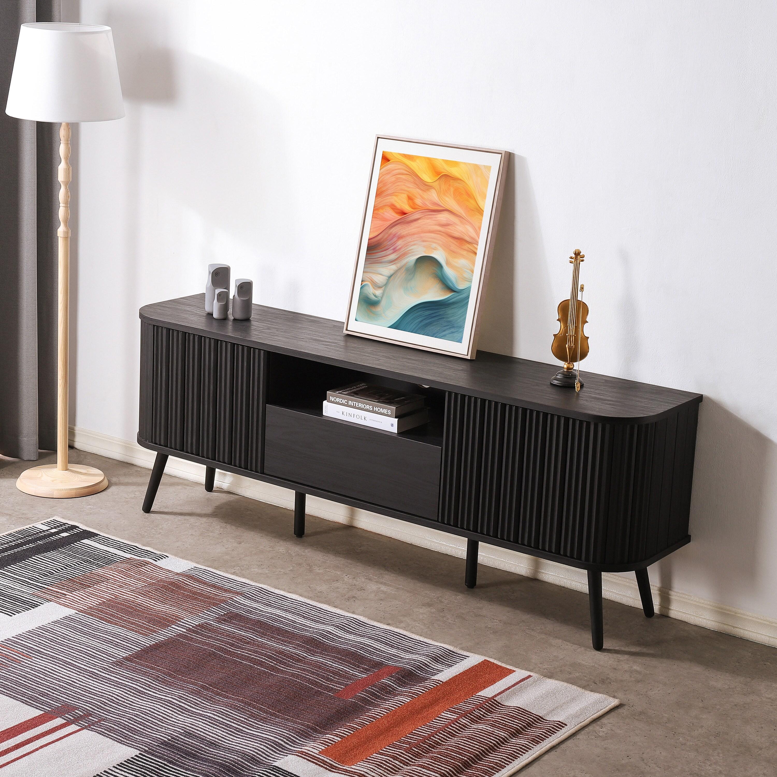 JONATHAN Y Damien 70 in. Farmhouse Curved TV Stand with Drawer and Storage Doors Fits TVs up to 75 in. with Cable Management, Black