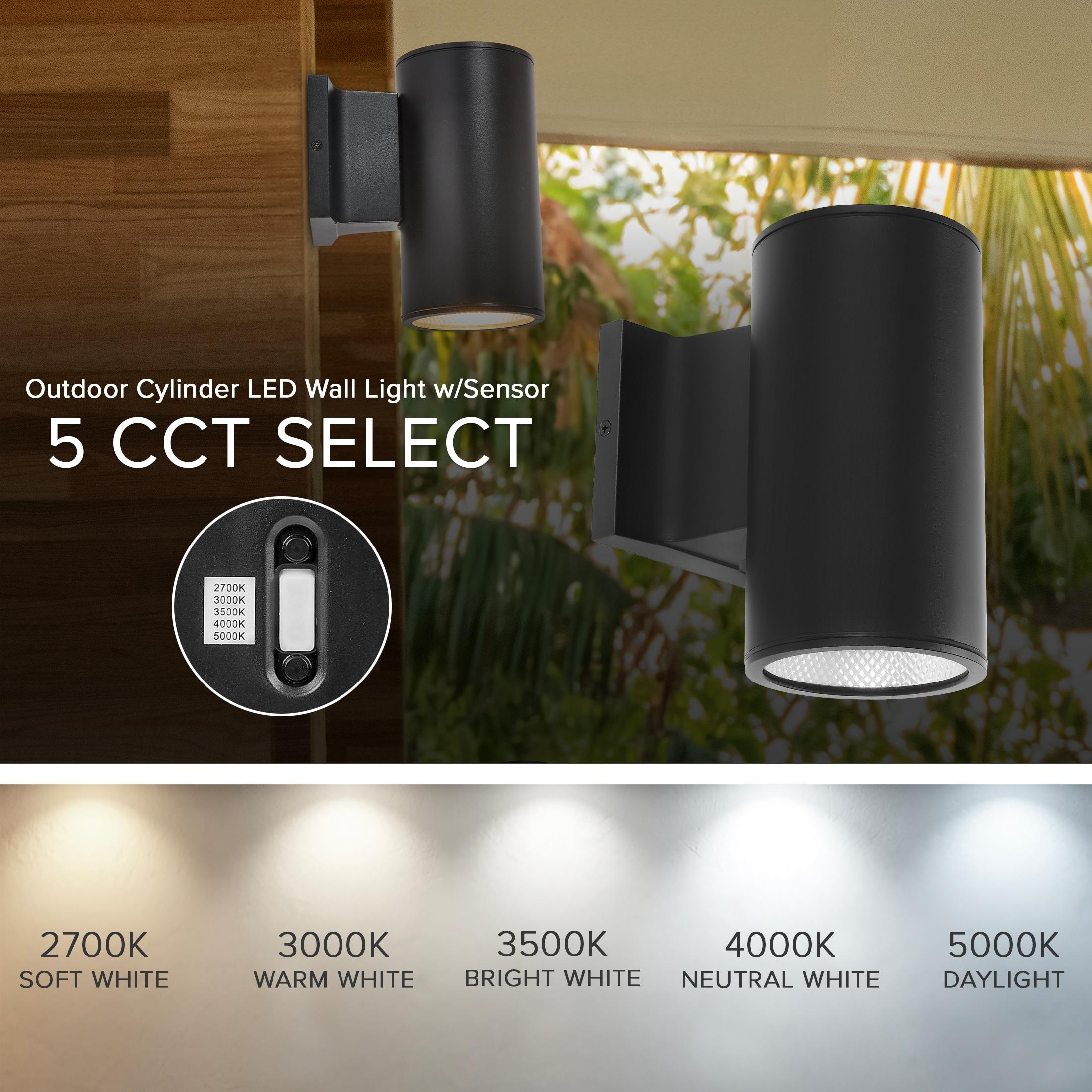 Maxxima Cylinder LED Outdoor Wall Light, Modern Wall Wash, 12 Watt, 1050 Lumens, 5 CCT 2700K/3000K/3500K/4000K/5000K, Dusk to Dawn Photocell Sensor, Exterior Garage, Patio, or Porch Lighting, Black
