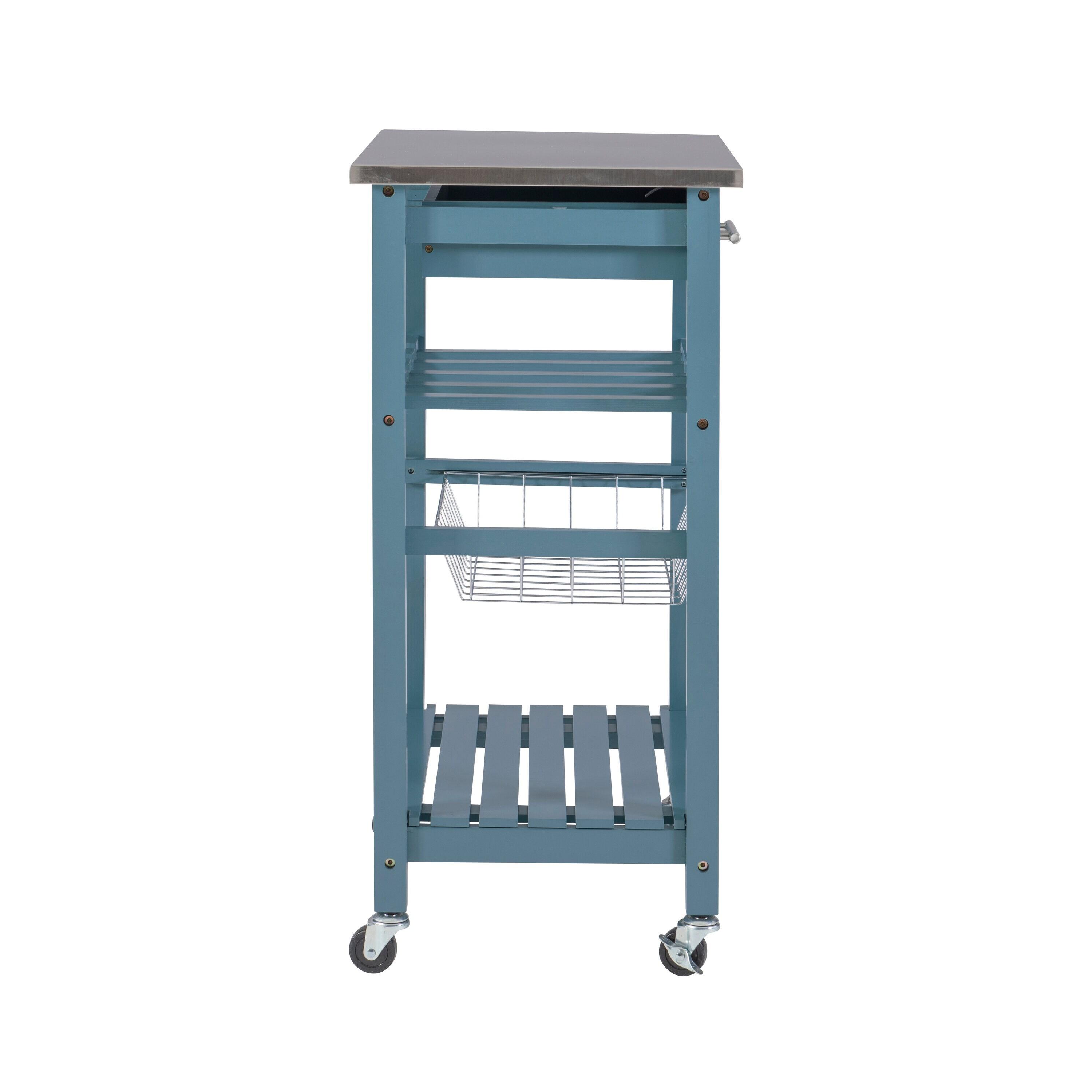 Clarke Blue Wood Kitchen Cart Stainless Steel Top Basket & Drawer Wine Storage Rack - Linon