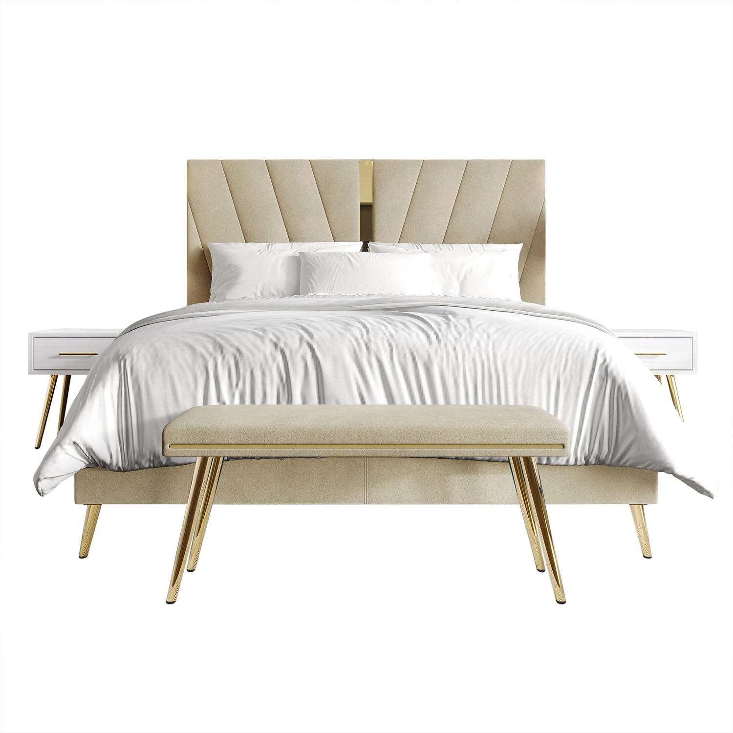 Castle Place Contemporary Velvet Full Upholstered Bed with 2 Nightstand and Bench, Champagne