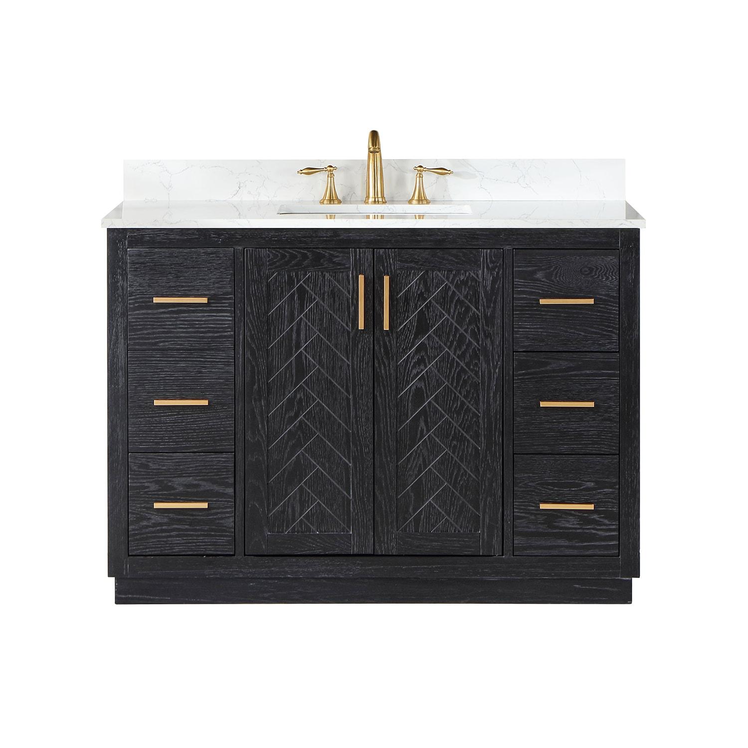 Gazsi 48" Single Bathroom Vanity Set in Black Oak with Grain White Composite Stone Countertop without Mirror
