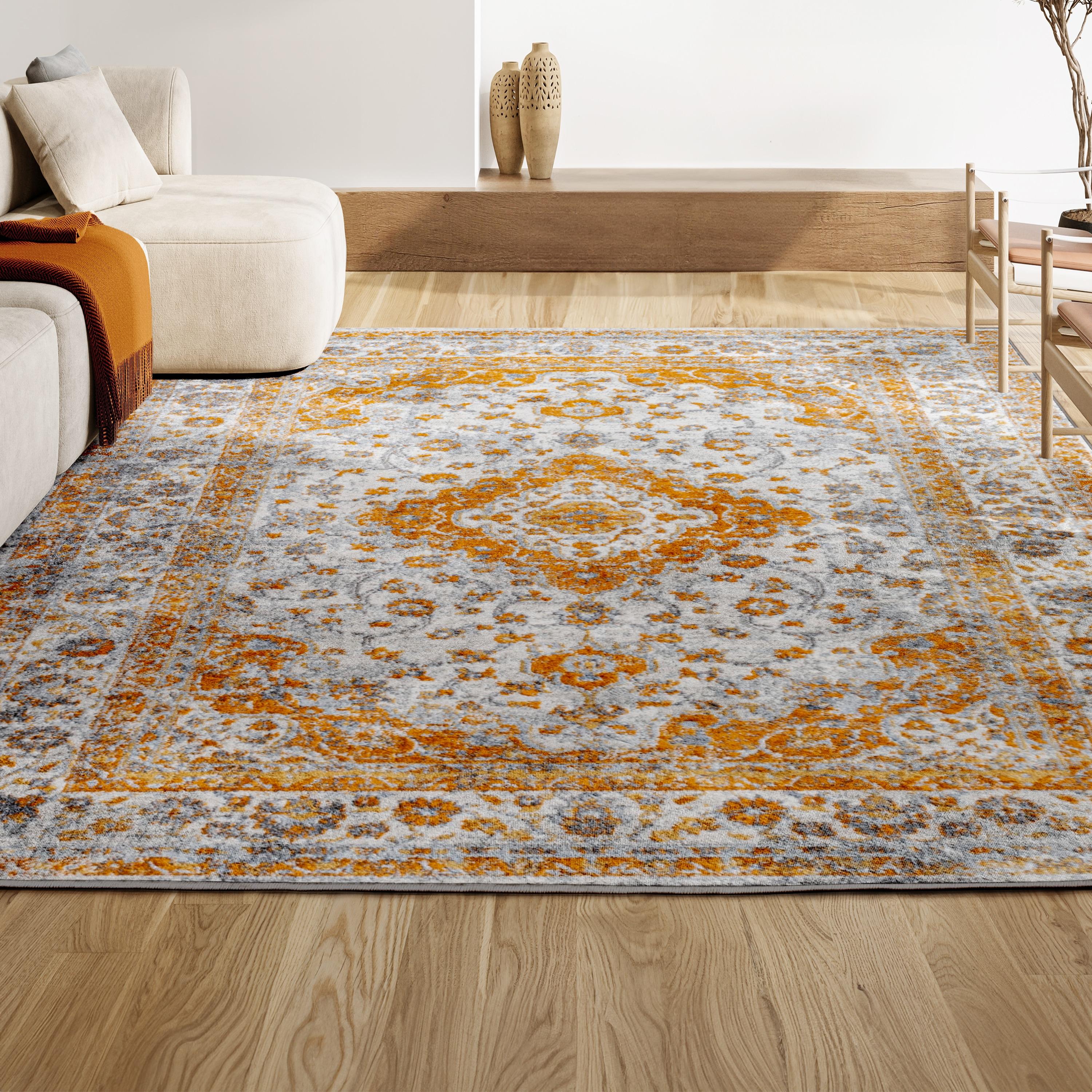 5'x8' Indhira Ornate Medallion Persian Area Rug, Orange/Cream - JONATHAN Y