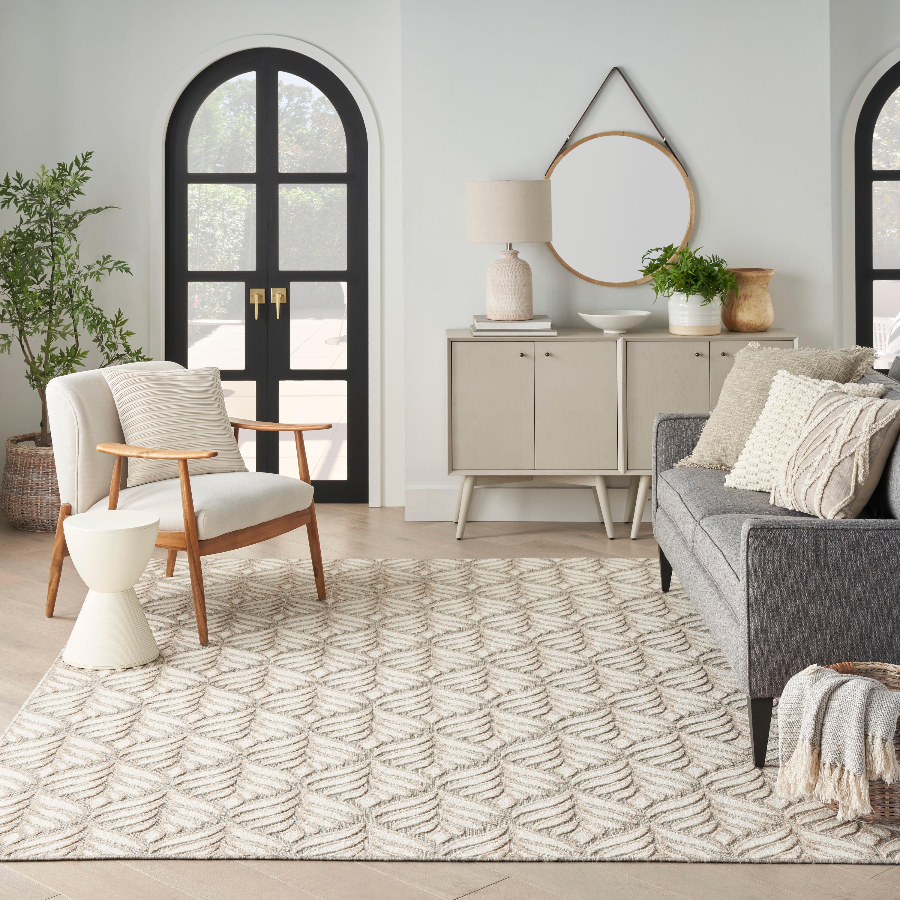 Nourison Aloha Tropical Palm Flatweave High-Low Indoor Outdoor Area Rug Ivory Grey 3'6" x 5'6"