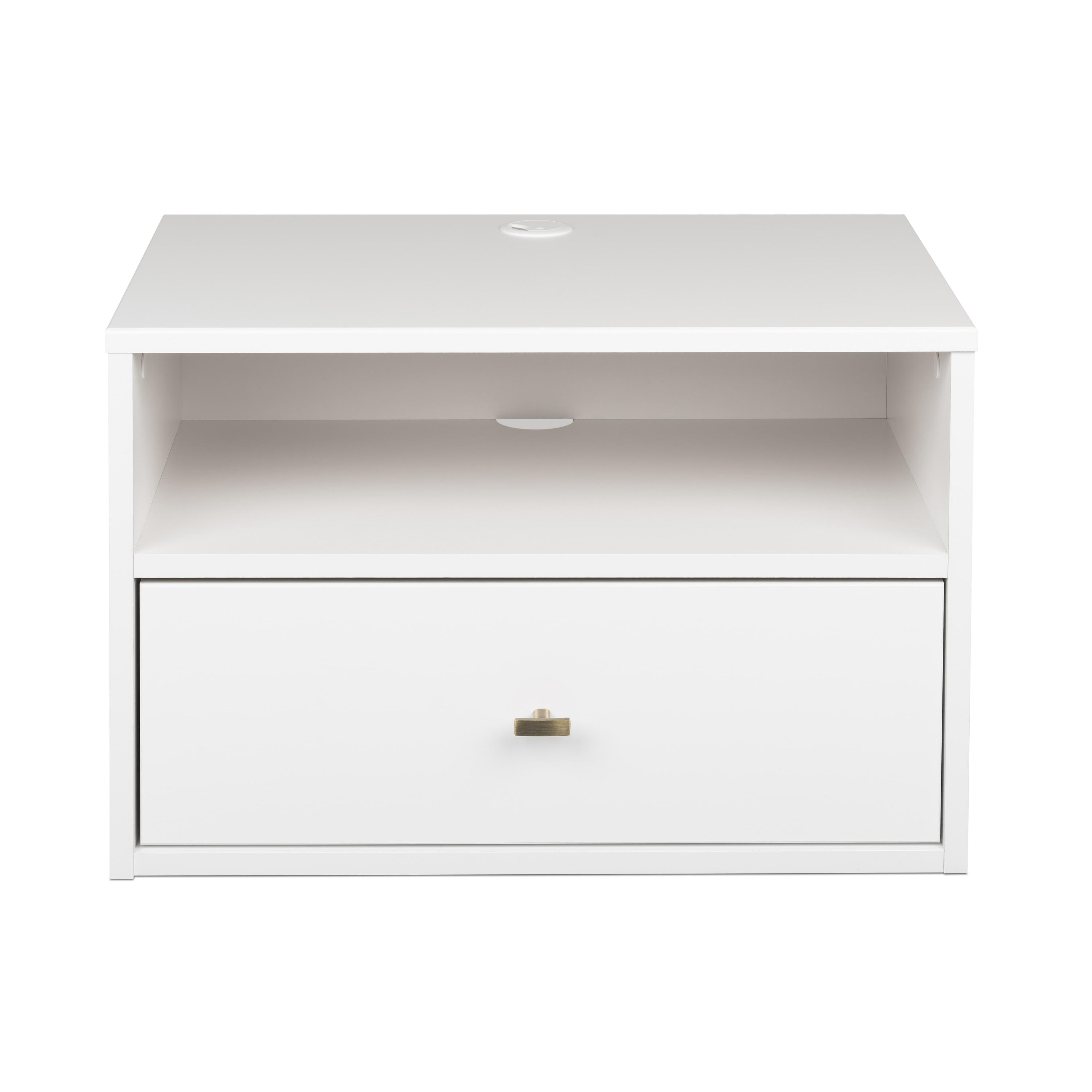 Prepac Floating 1 Drawer Nightstand with Open Shelf White: Modern Wall-Mounted Bedside Furniture with Cable Management & Metal Glides