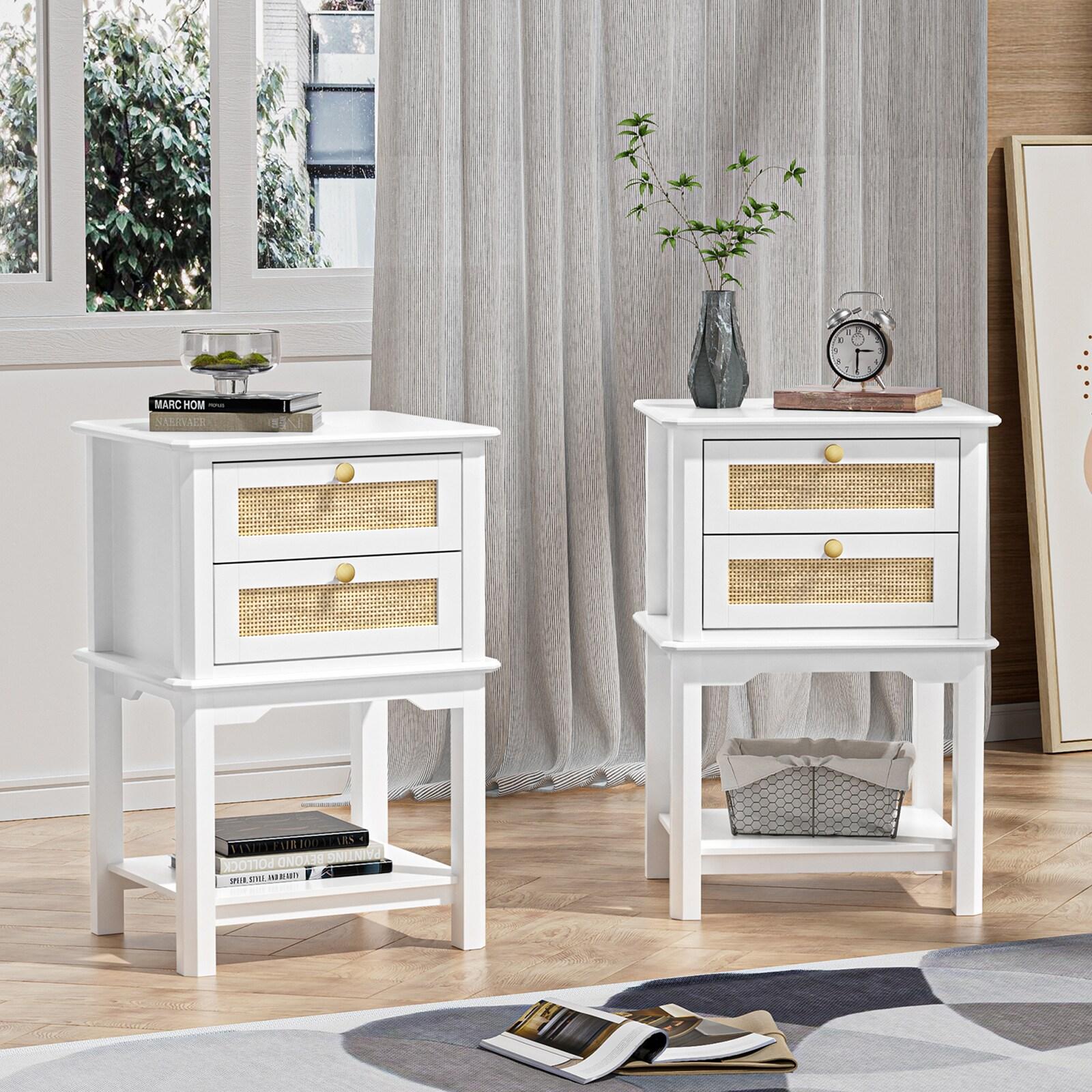 Giluta White Night Stand, 27.95'' H Wood Bedside Table with 2 Drawers, Natural Rattan Nightstand, Farmhouse End Side Table, Night Stand Cabinet for Bedroom