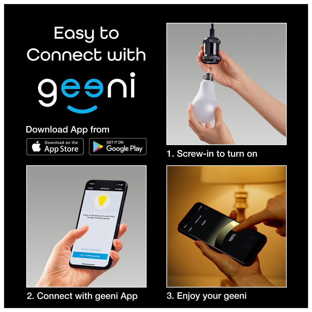 Geeni Smart LED Light Bulb 3-Pack  A19 WiFi Dimmable Soft White 800 Lumens, Works with Alexa & Google Assistant, Voice Control, Energy Efficient Smart Bulbs