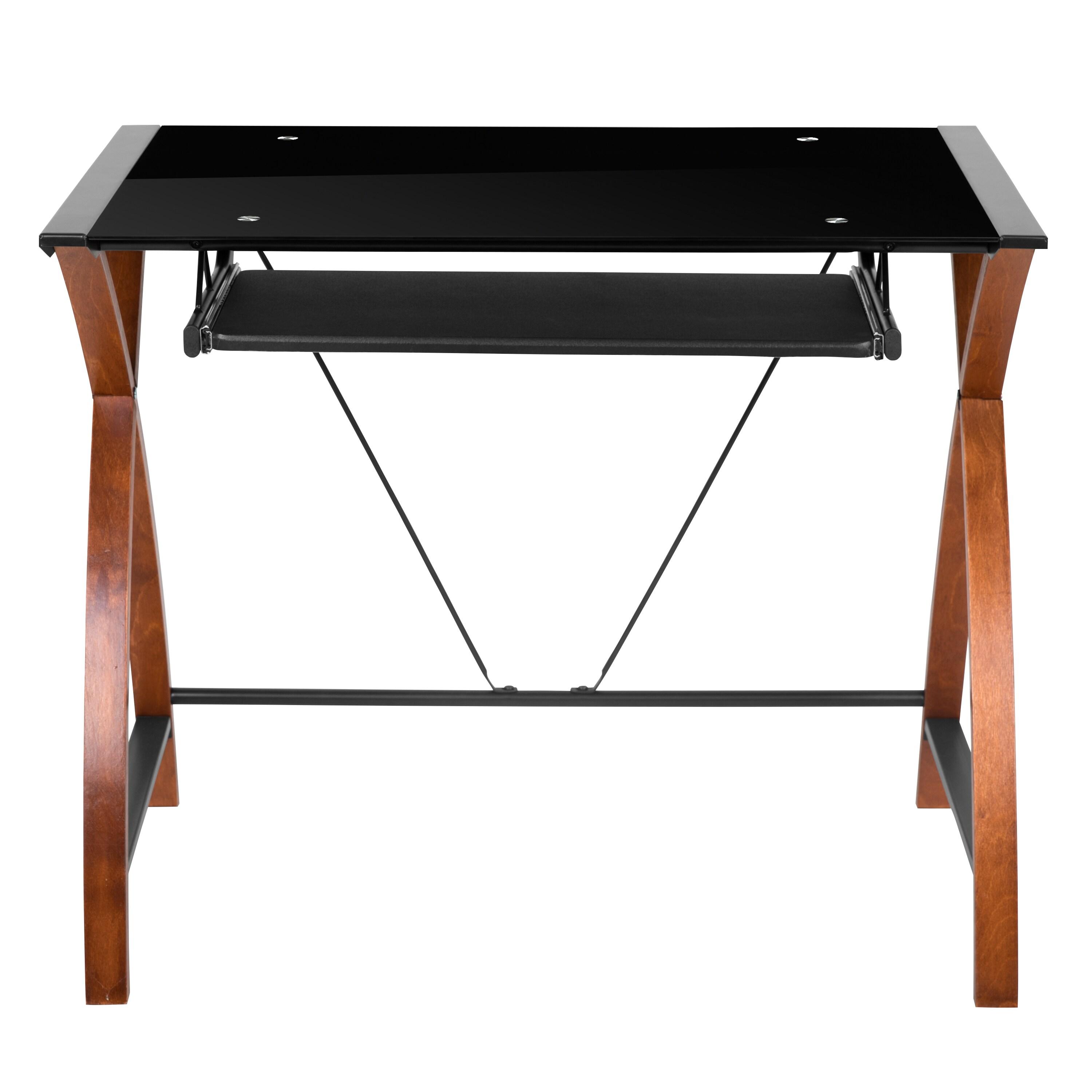 Flash Furniture Jude Black Glass Computer Desk with Pull-Out Keyboard Tray and Crisscross Frame