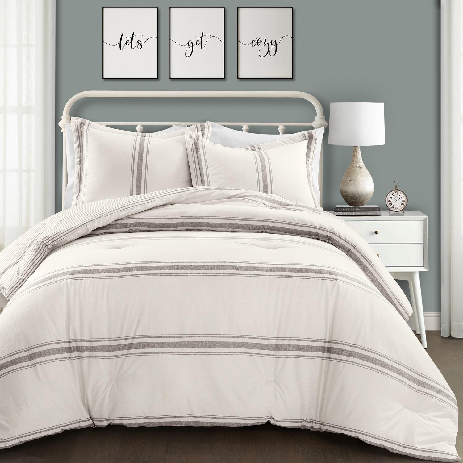 King Gray Cotton Reversible Farmhouse Stripe Comforter Set