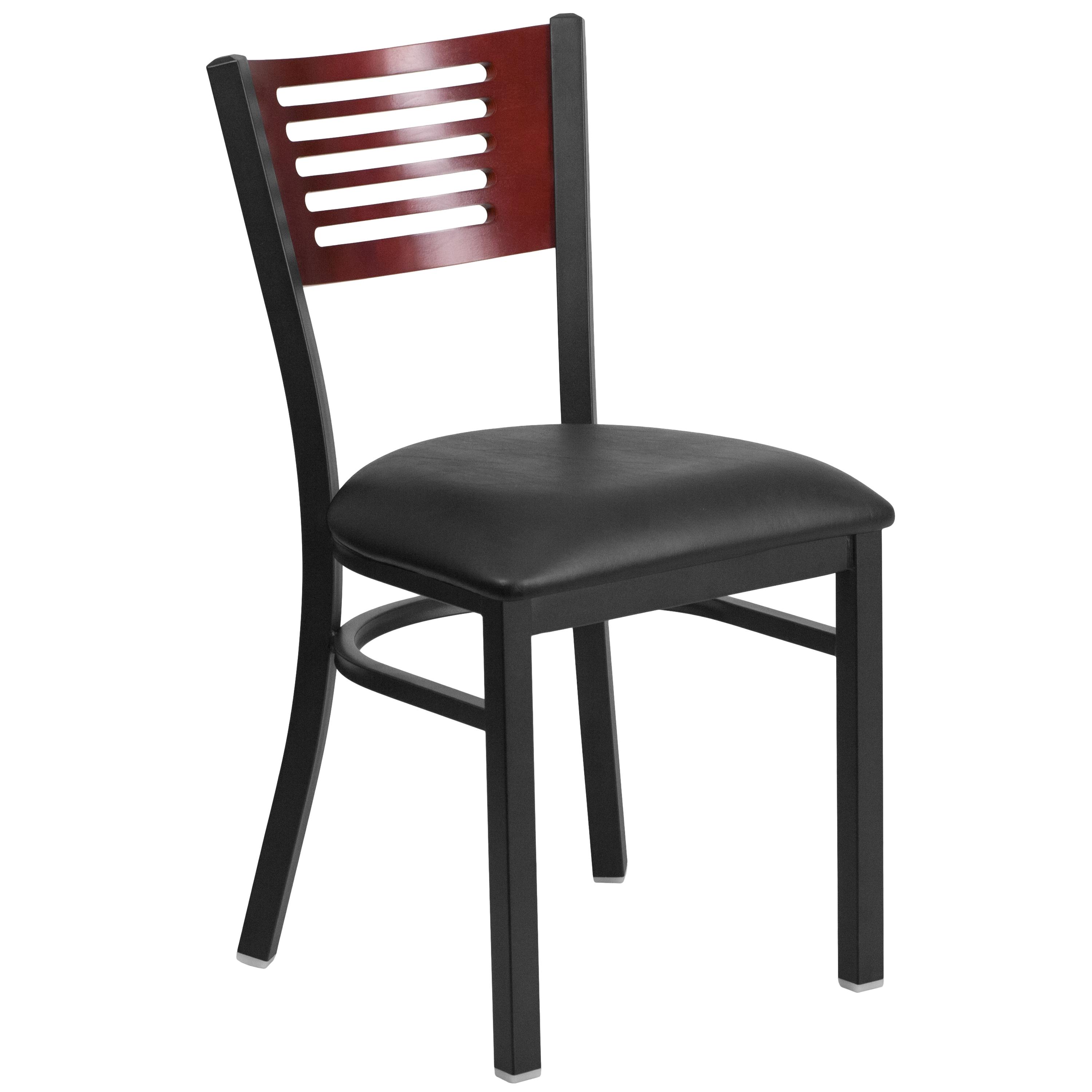 Mahogany Slat-Back Chair with Black Vinyl Seat and Metal Frame