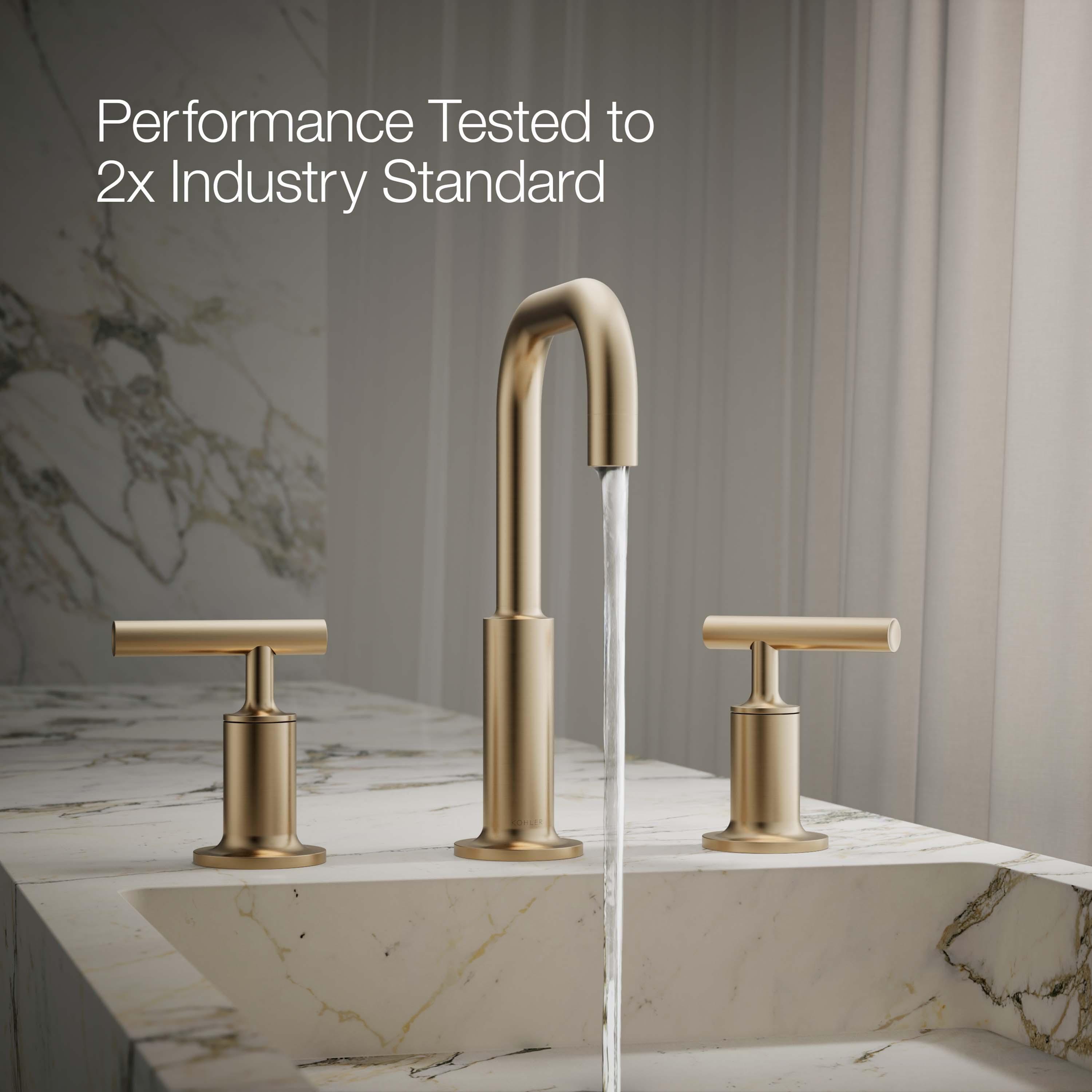 Purist® Widespread Faucet with Drain Assembly Low Lever Handles and Low Gooseneck Spout