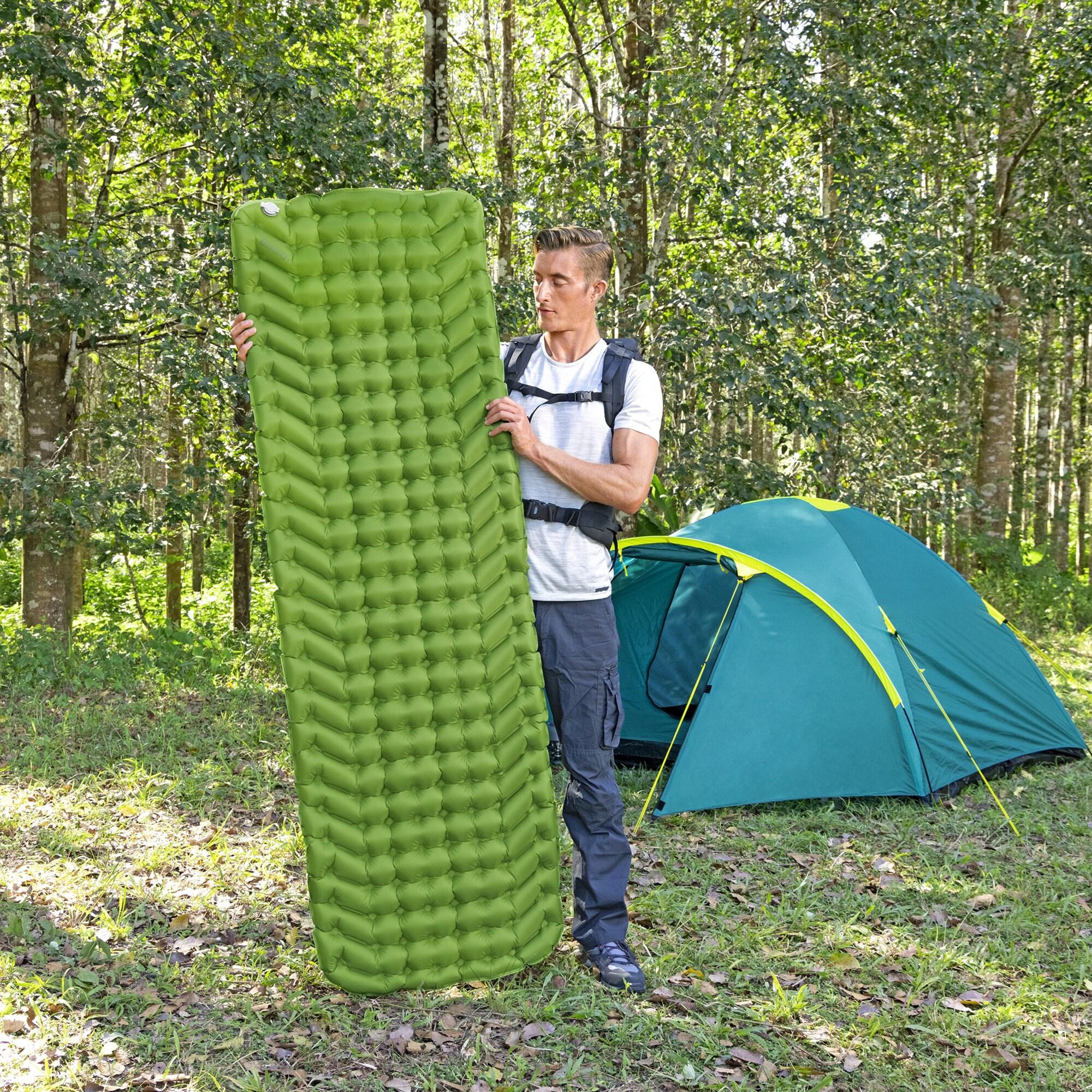 Bestway WanderLite 74 Inch by 23 Inch Regular Rectangular Nylon Fabric Outdoor Sleeping Air Pad with Repair Patch and Storage Bag, Green