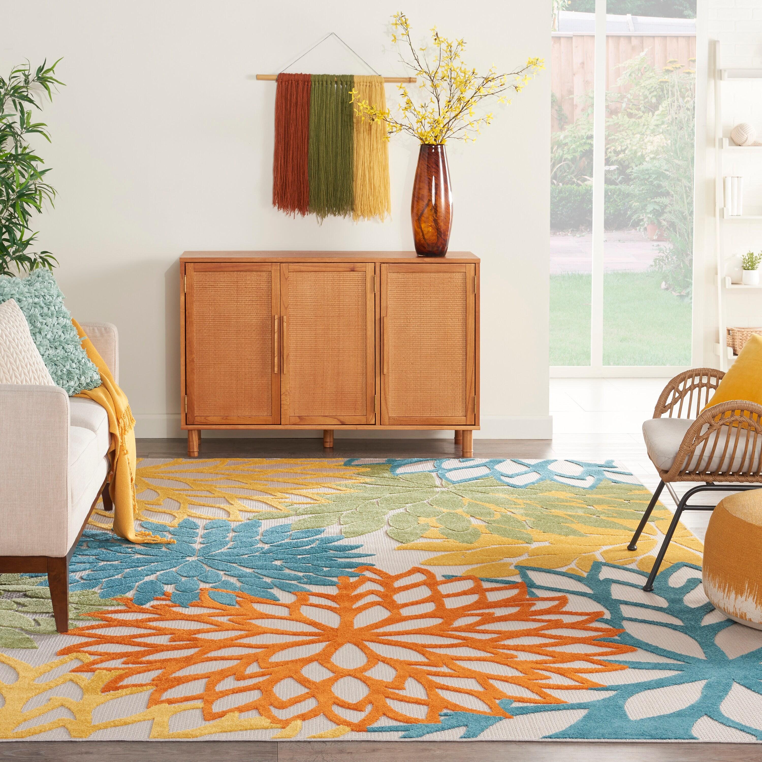 Nourison Aloha Floral Bloom Flatweave High-Low Indoor Outdoor Area Rug Turquoise Multicolor 9' x 12'