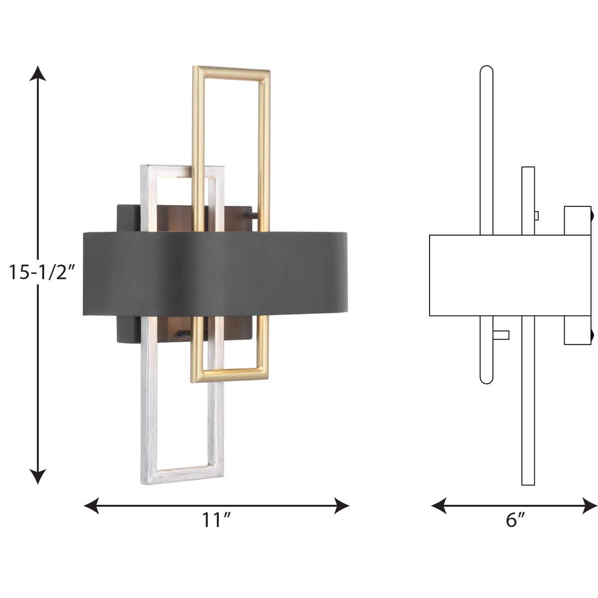 Progress Lighting Adagio 2-Light Wall Sconce, Black, Geometric Pattern, Steel, Damp Rated, Brushed Silver and Brass Accents