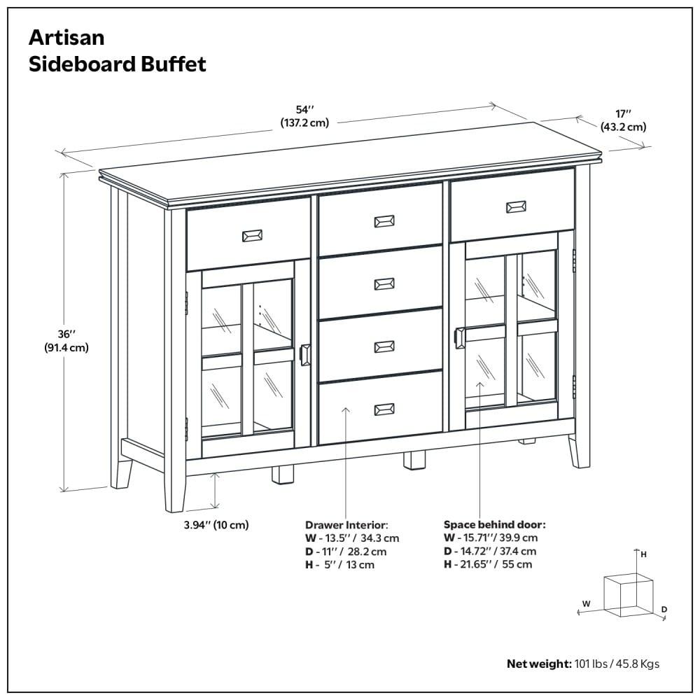 Simpli Home Artisan 54"W Solid Wood Sideboard Buffet with Tempered Glass Doors and 6 Drawers