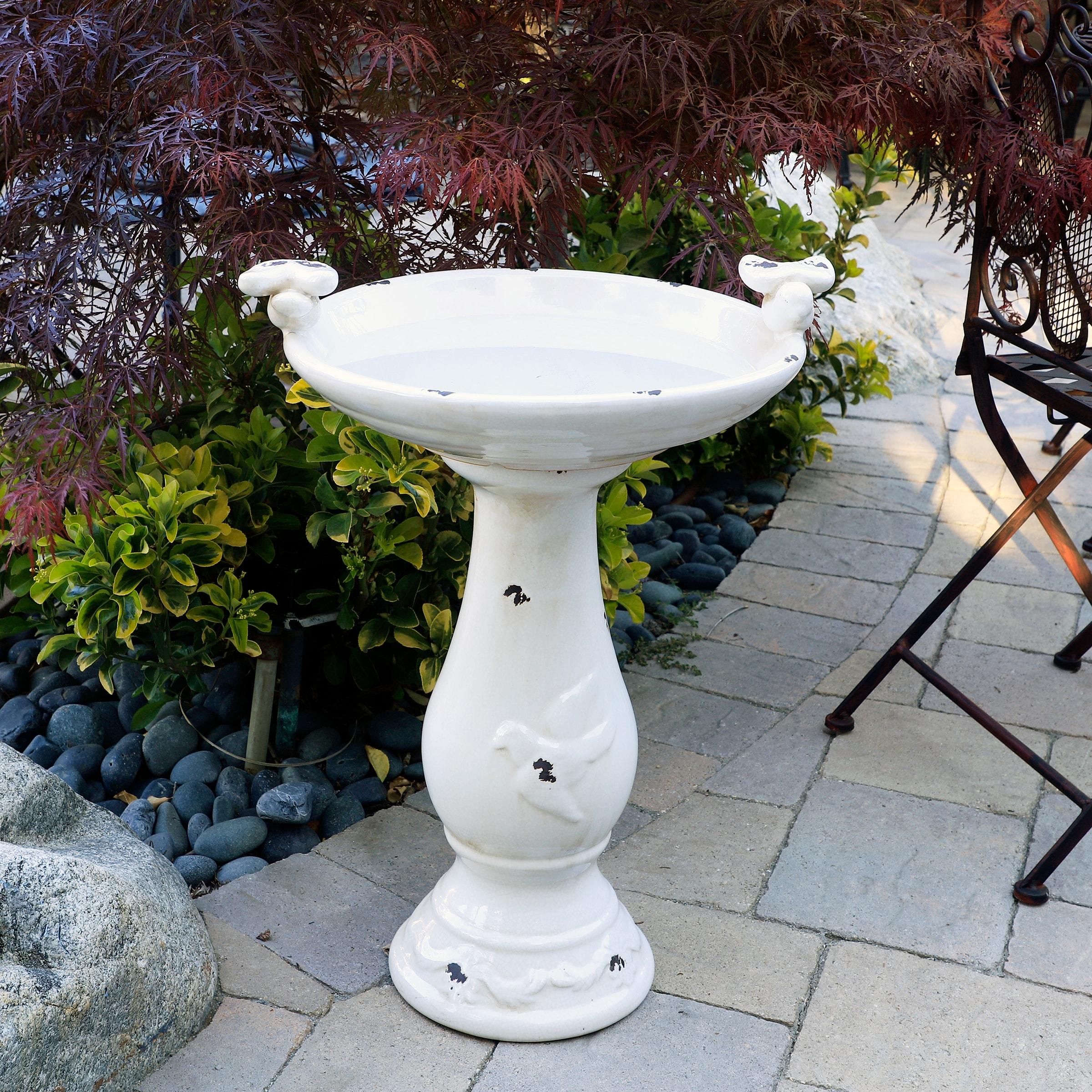 24" Antique Ceramic Birdbath With Birds - Brown - Alpine Corporation: Weather-Resistant, Freestanding Design