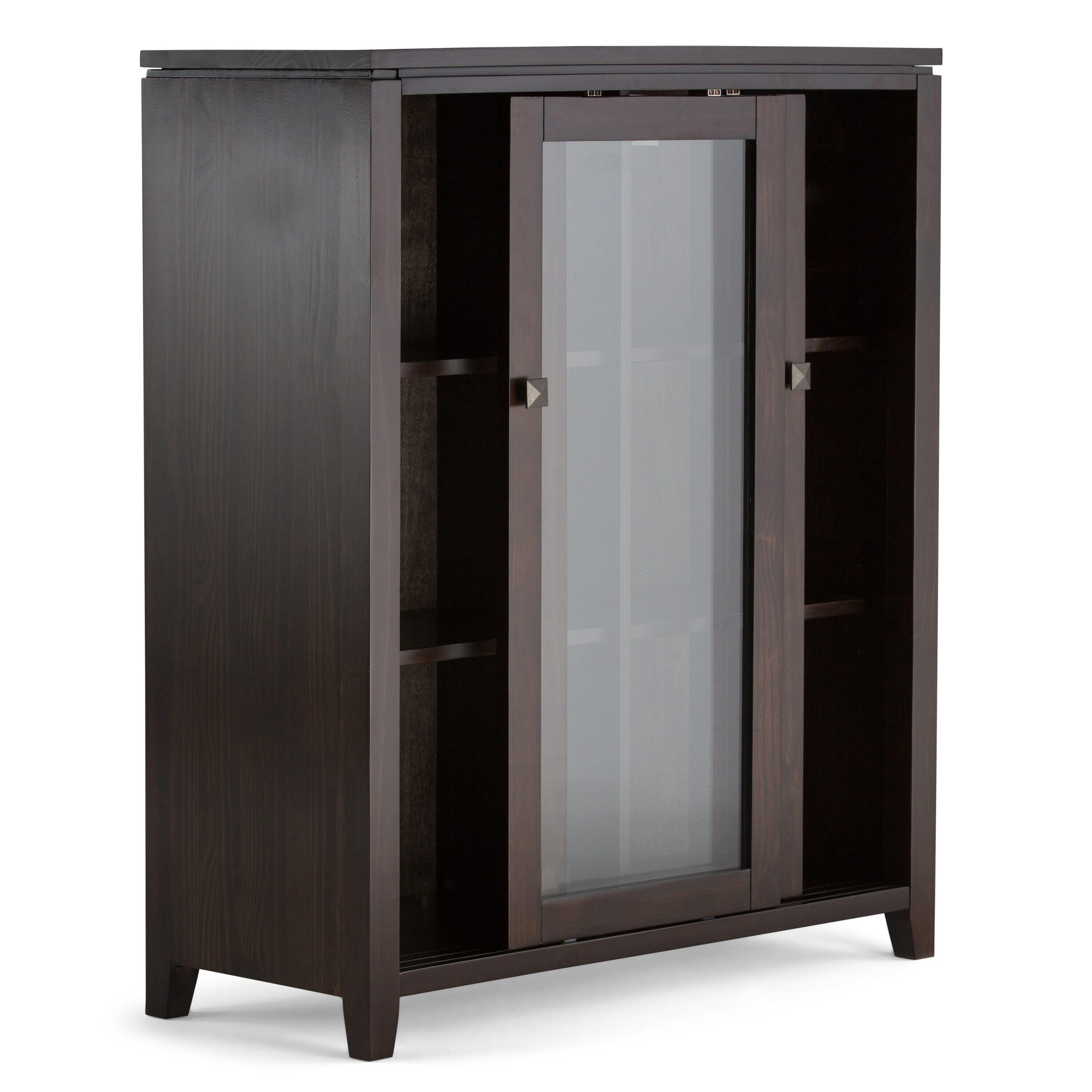 Simpli Home Cosmopolitan 36"W Solid Wood 4-Shelf Contemporary Medium Storage Cabinet with Sliding Glass Doors