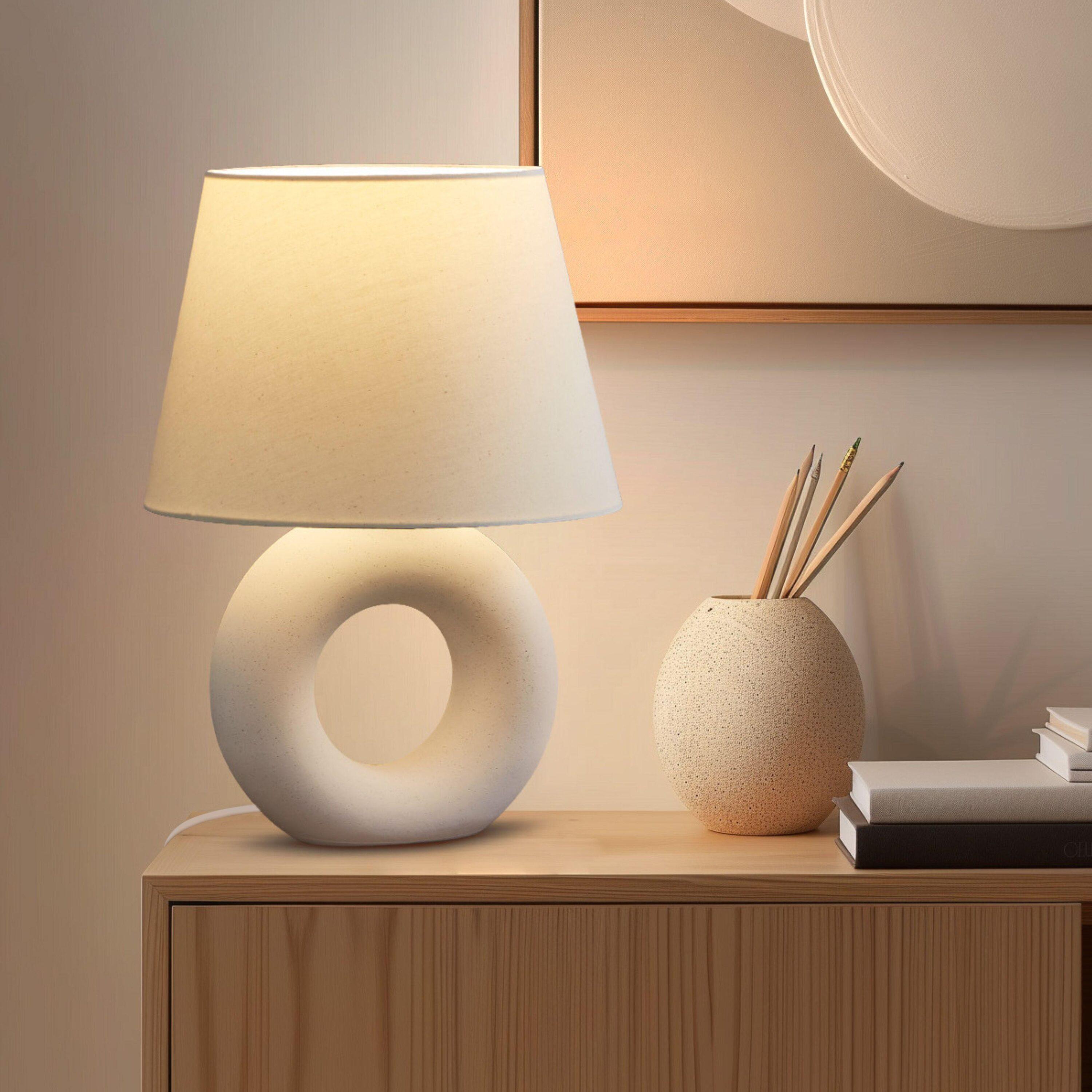 Brightech Chloe 15.5" Modern LED Table Lamp with Circular Ceramic Base and Natural Cotton Shade