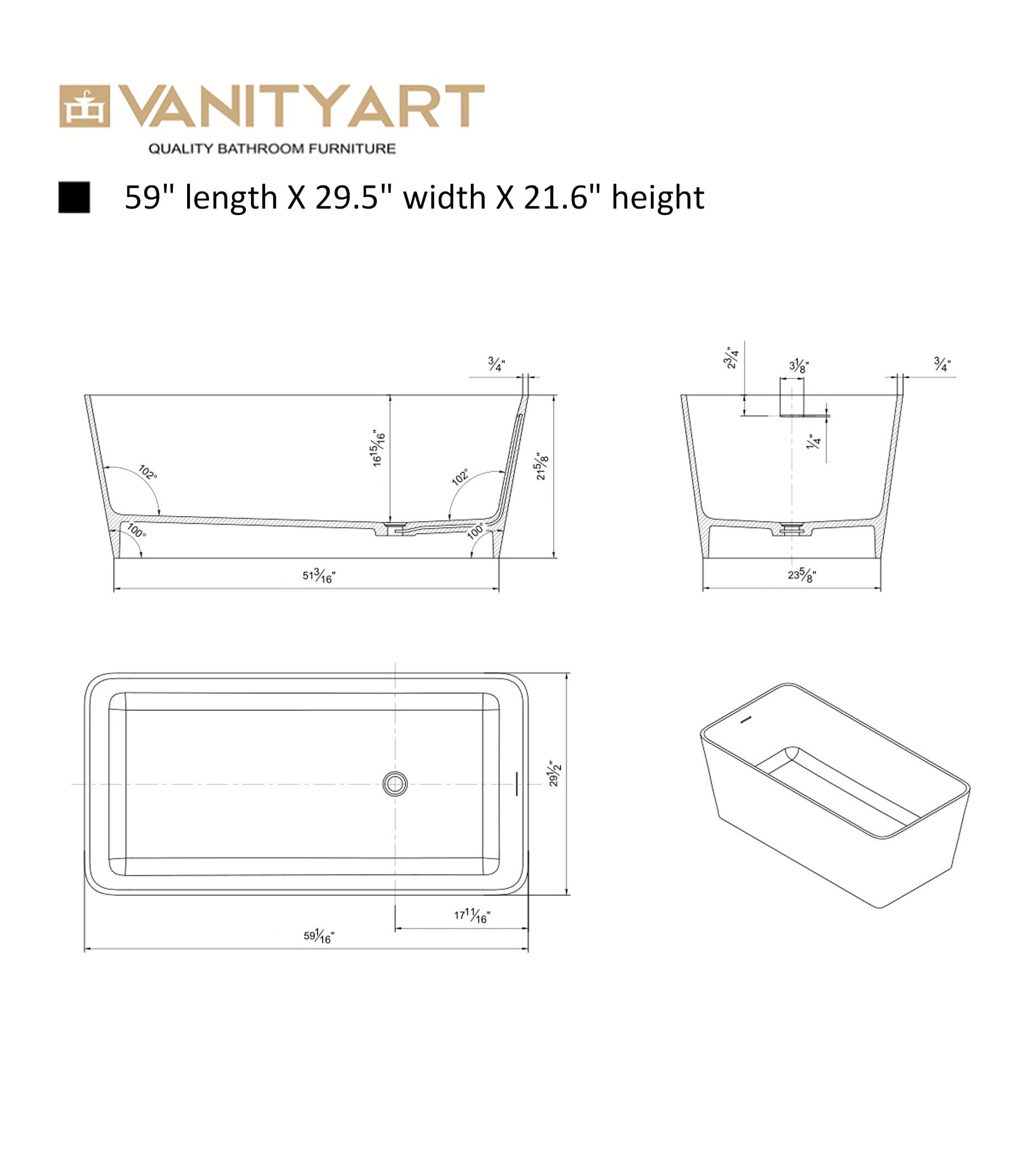 59'' x 30'' Freestanding Soaking Solid Surface Bathtub