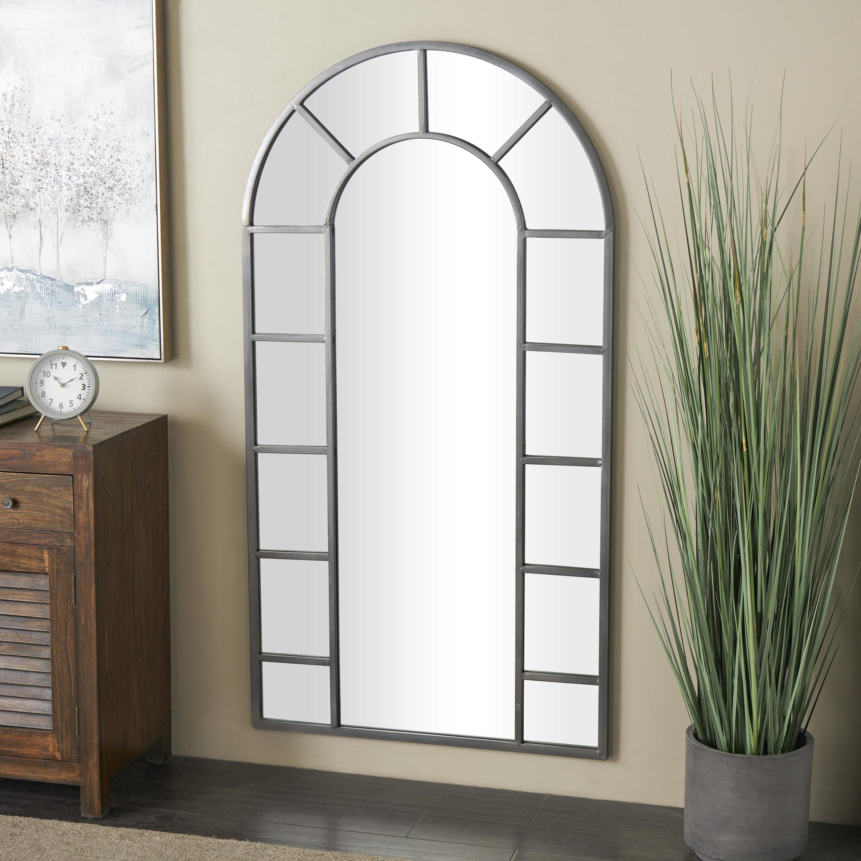 Metal Window Inspired Wall Mirror with Arched Top Silver - Olivia & May: Polished Finish, 60x32, No Assembly Required