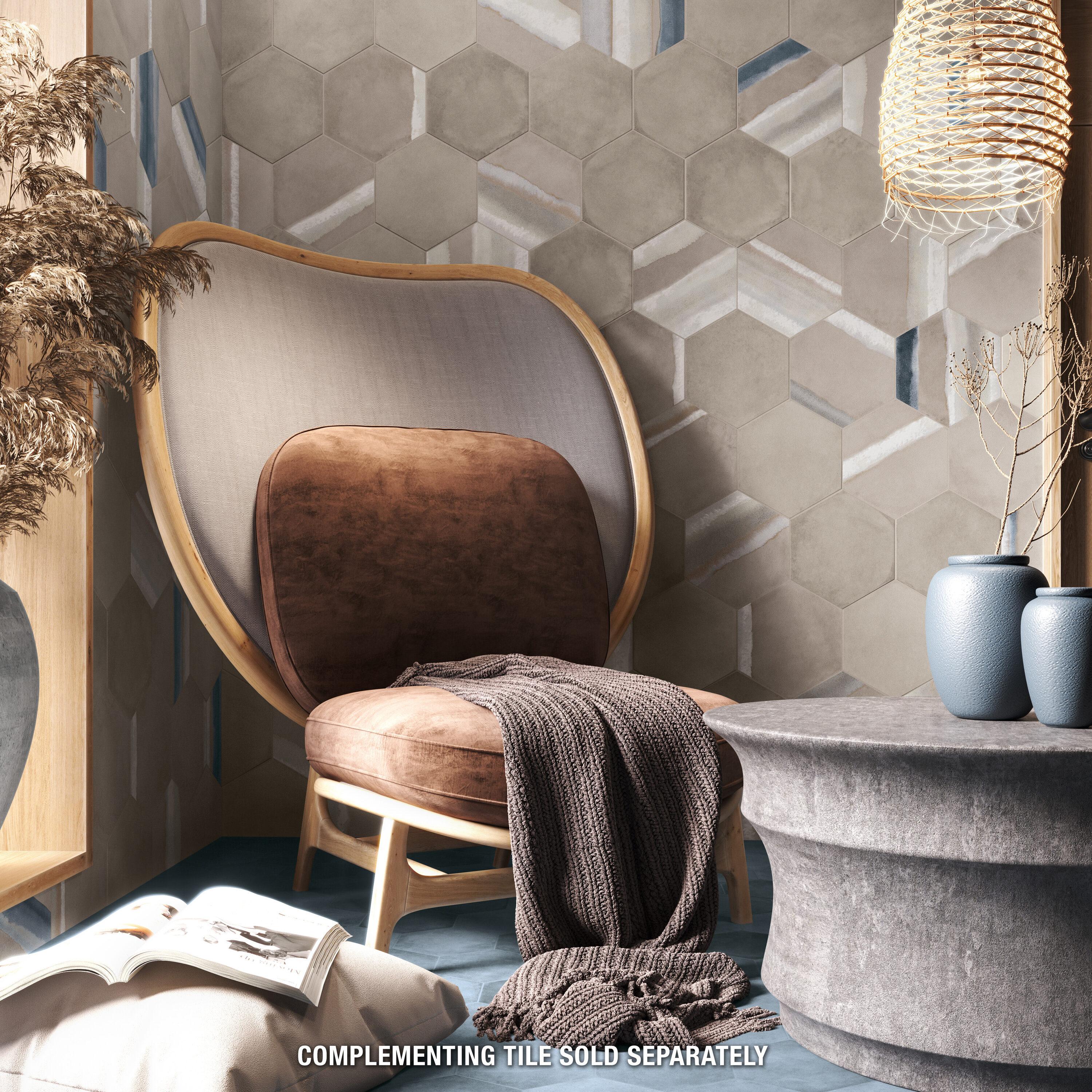 Taupe and Blue Hexagon Porcelain Floor and Wall Tile