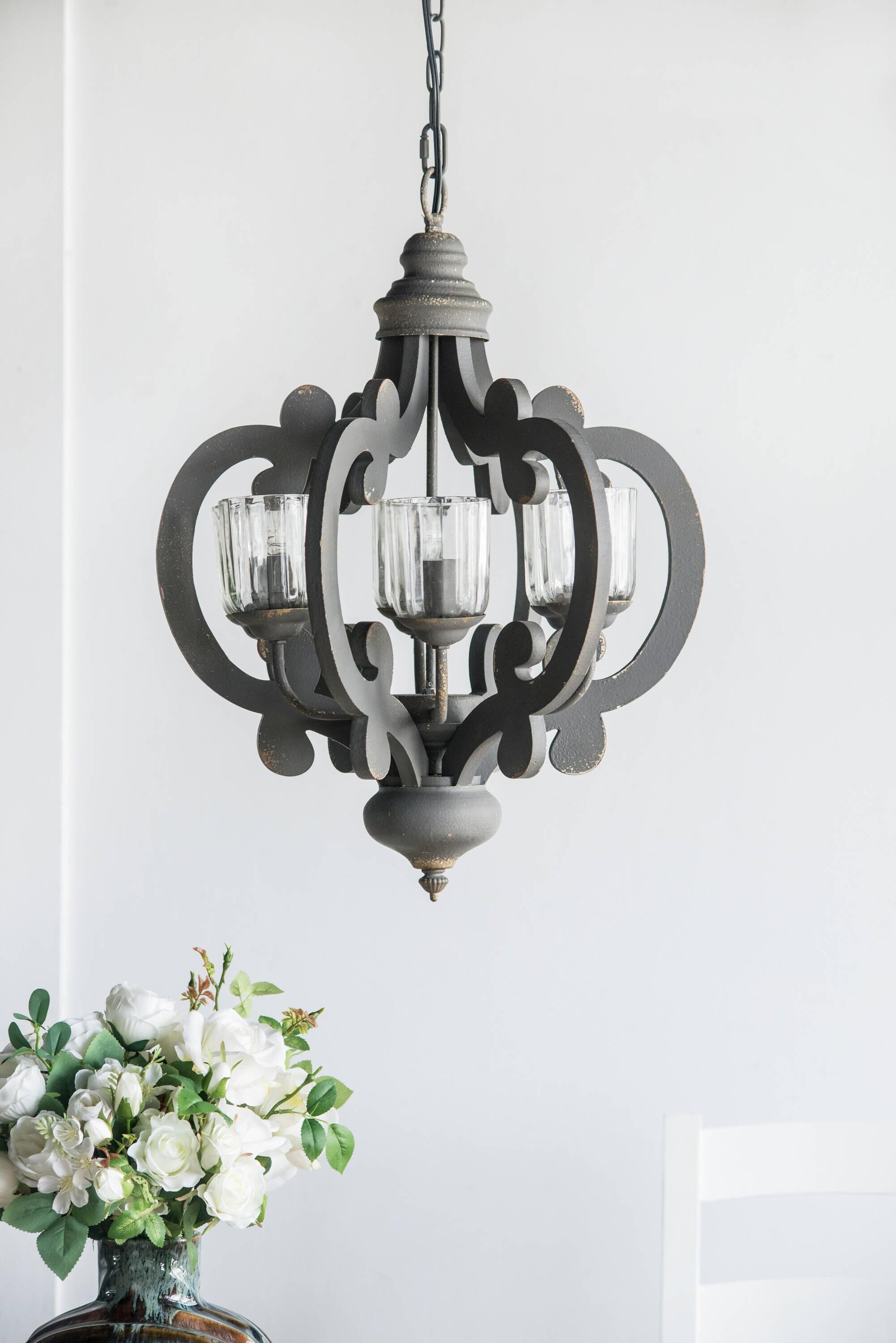 21"x24" 6-Light Wood Chandelier Ceiling Light Gray - A&B Home: No Assembly, UL Listed, Adjustable Height