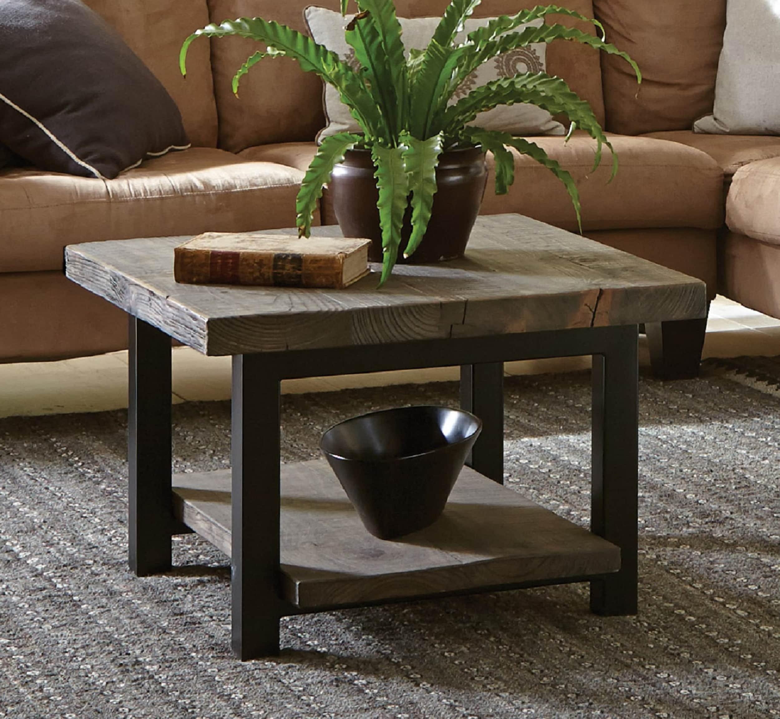 Pomona Cube Coffee Table Reclaimed Wood Rustic Natural - Alaterre Furniture: Fixed Shelf, Metal Legs, Square Shape