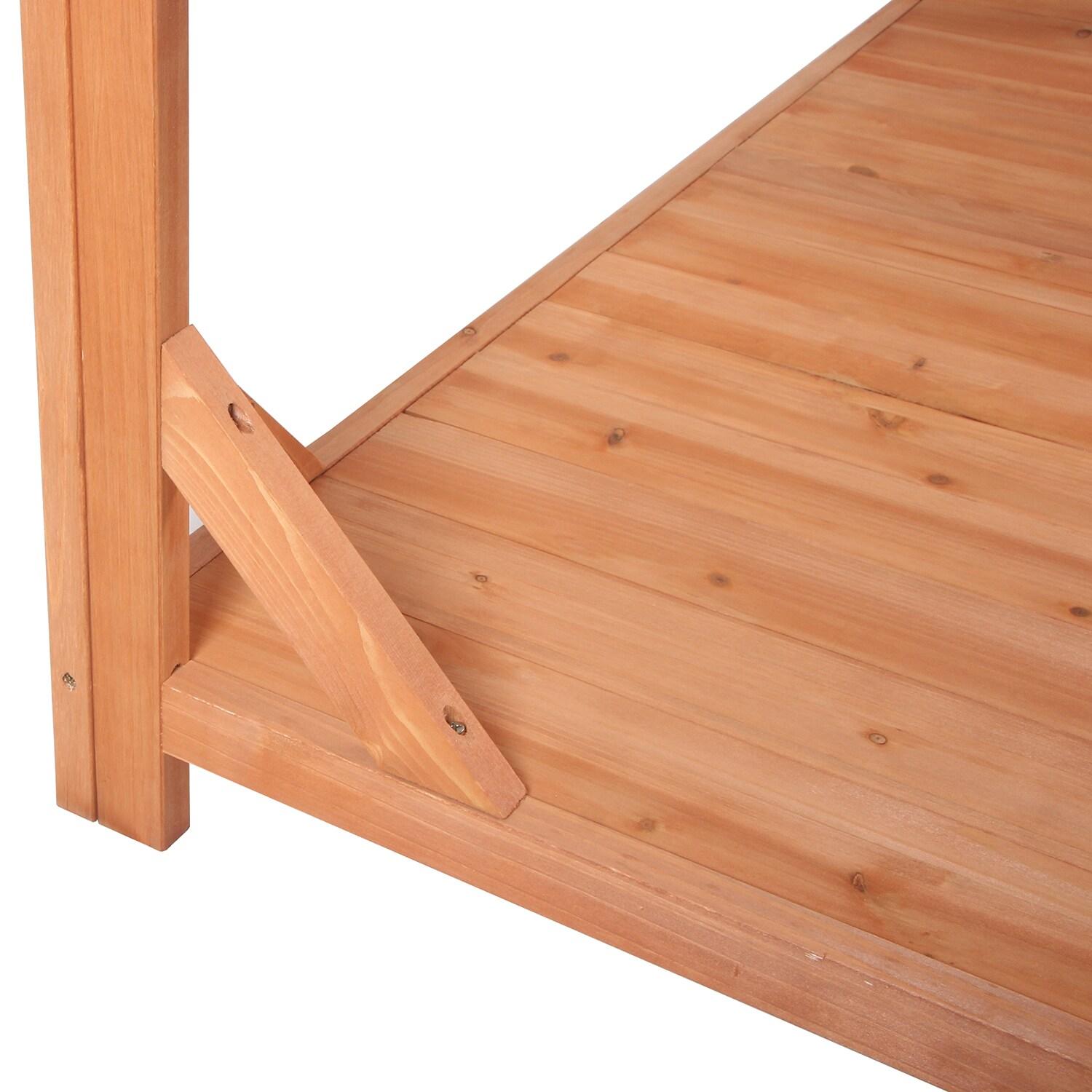 Wooden Potting Bench, 65" Large Wooden Farmhouse Rustic Outdoor Potting Bench Table, Patio Workstation, Garden Potting Bench with 4 Storage Shelves, Splash Plate & 3 Side Hooks, Natural