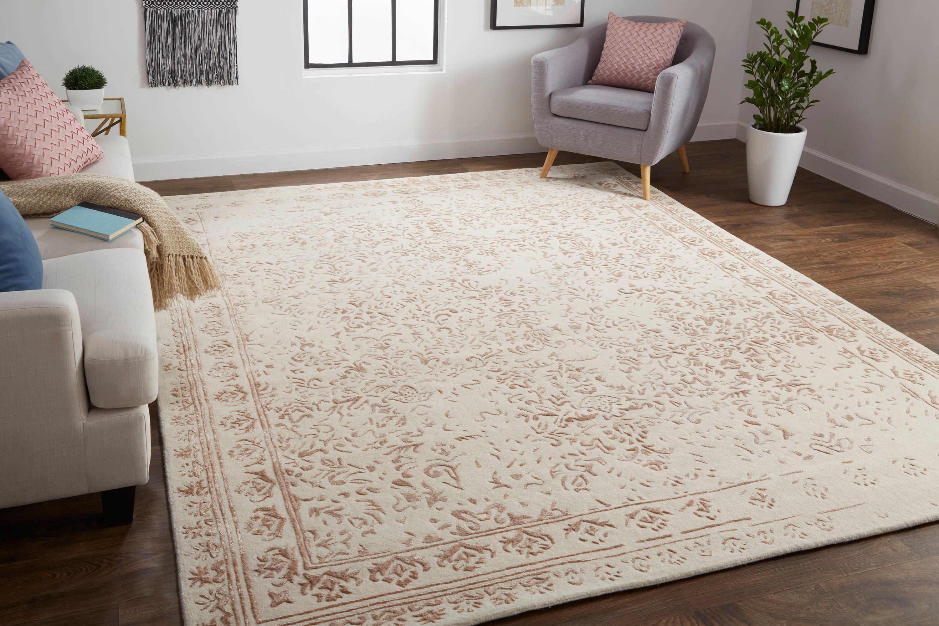 Feizy Bella Transitional Oriental, Ivory/Tan/Pink, 2' x 3' Accent Rug Handmade Sheen Bohemian & Eclectic Bordered Design Carpet for Living Dining Bed Room