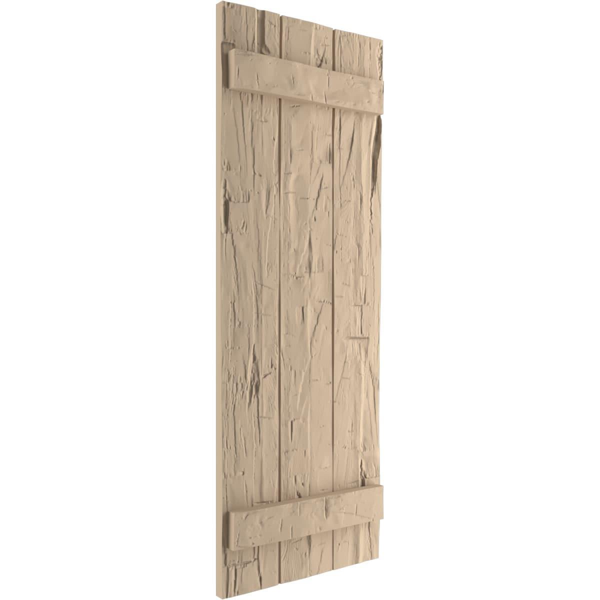 Ekena Millwork 16 1/2"W x 38"H Rustic Three Board Joined Board-n-Batten Hand Hewn Faux Wood Shutters (Per Pair), Primed Tan