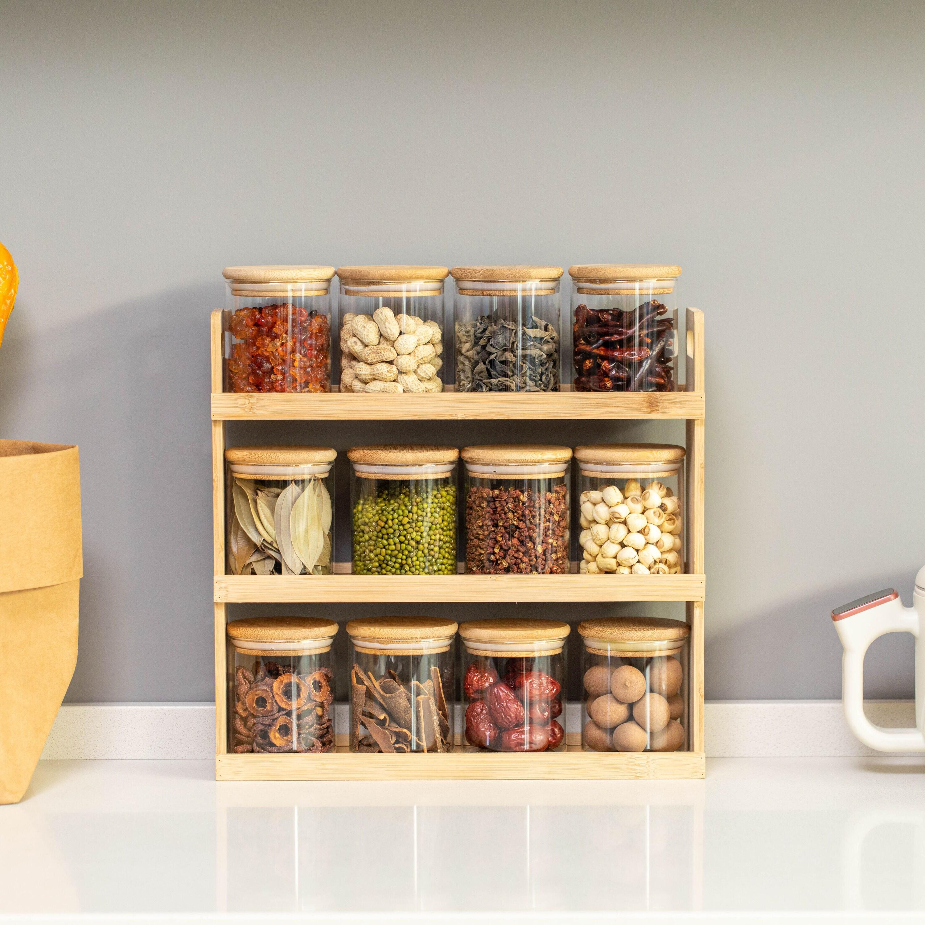Basicwise 3-Tier Bamboo Spice Rack & Pantry Organizer with 12 Glass Jars.Perfect for Storage in Kitchens to Keep Seasoning Containers Neatly Displayed
