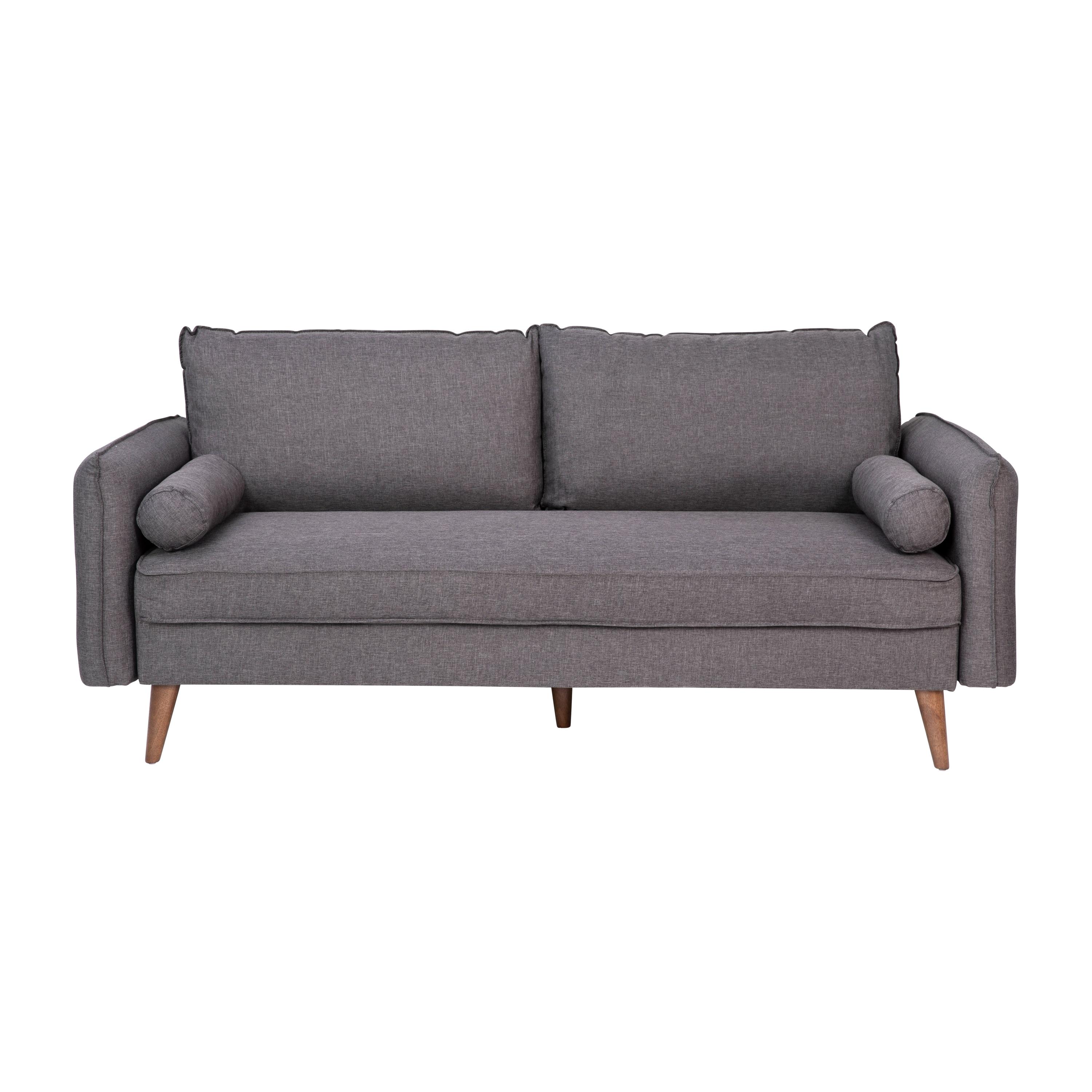 Flash Furniture Evie Mid-Century Modern Sofa with Faux Linen Fabric Upholstery & Solid Wood Legs in Stone Gray
