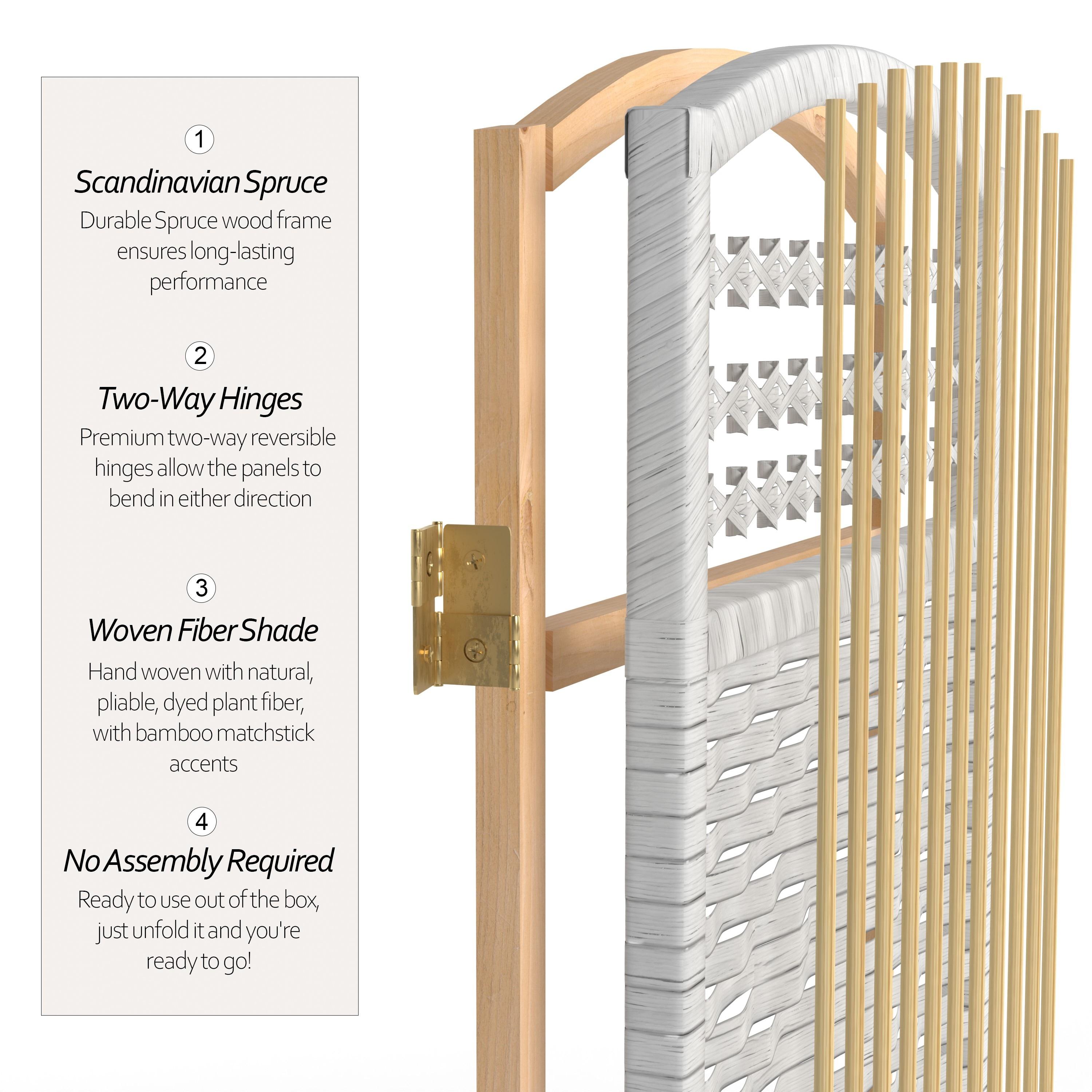 5 1/2 ft. Tall Fiber Weave Room Divider - White (3 Panels): Hardwood, Metal Hinges, Indoor Use, No Assembly Required