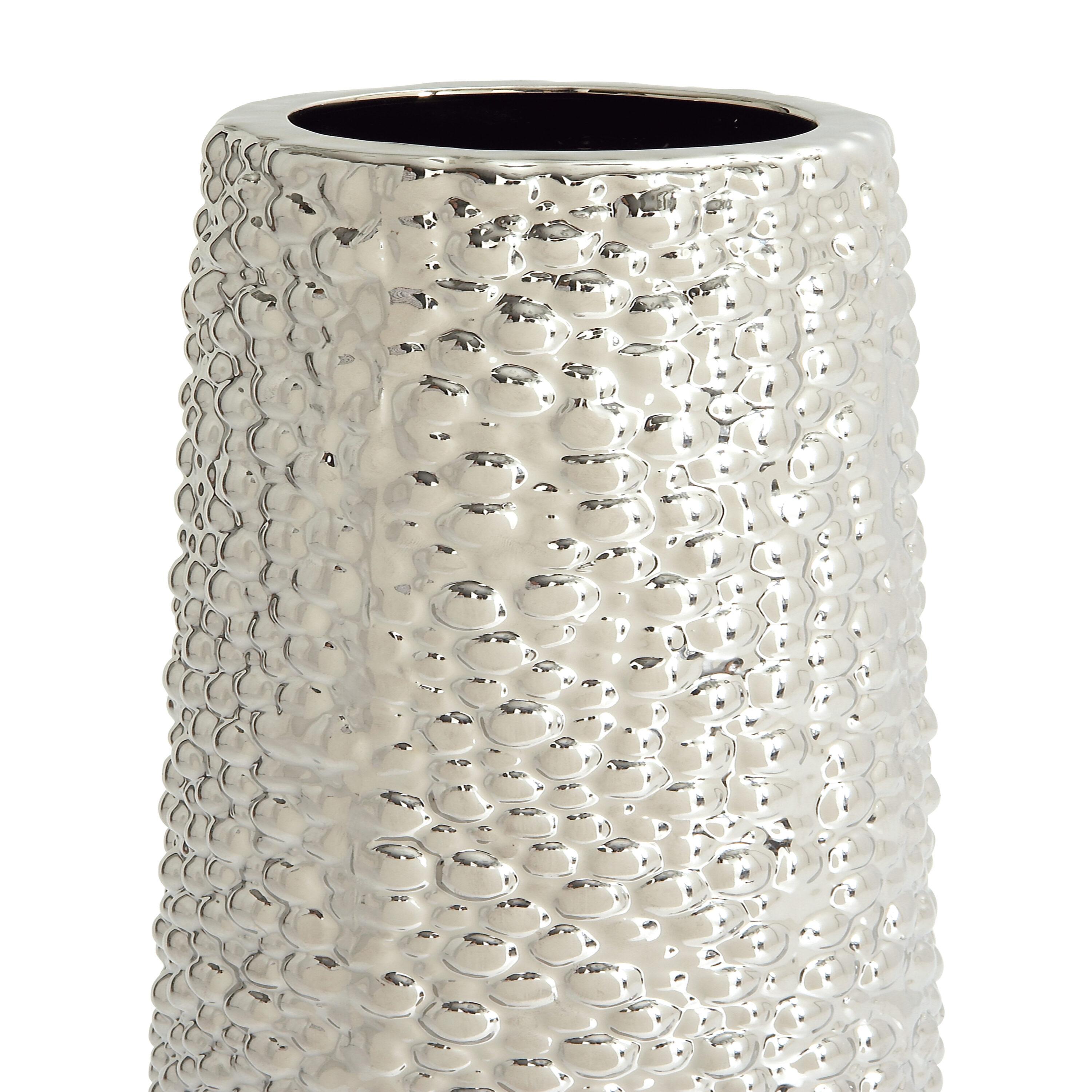 DecMode Glam Silver Round Large and Tall Cylindrical Floor Vase, Ceramic with Beaded Textured Pattern, 8'W x 50'H