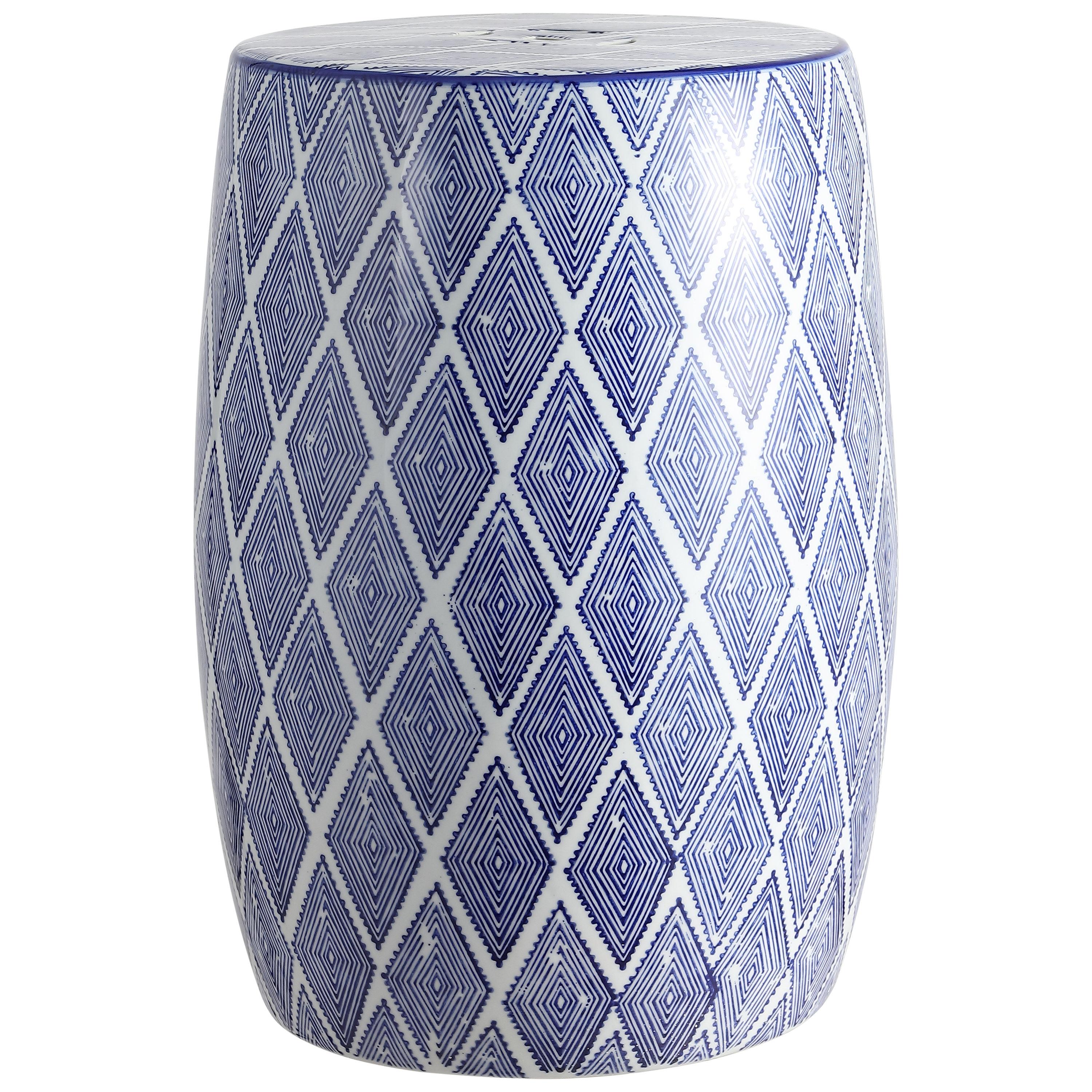 Moroccan Diamonds 18" Ceramic Drum Garden Stool, Blue/White - JONATHAN Y