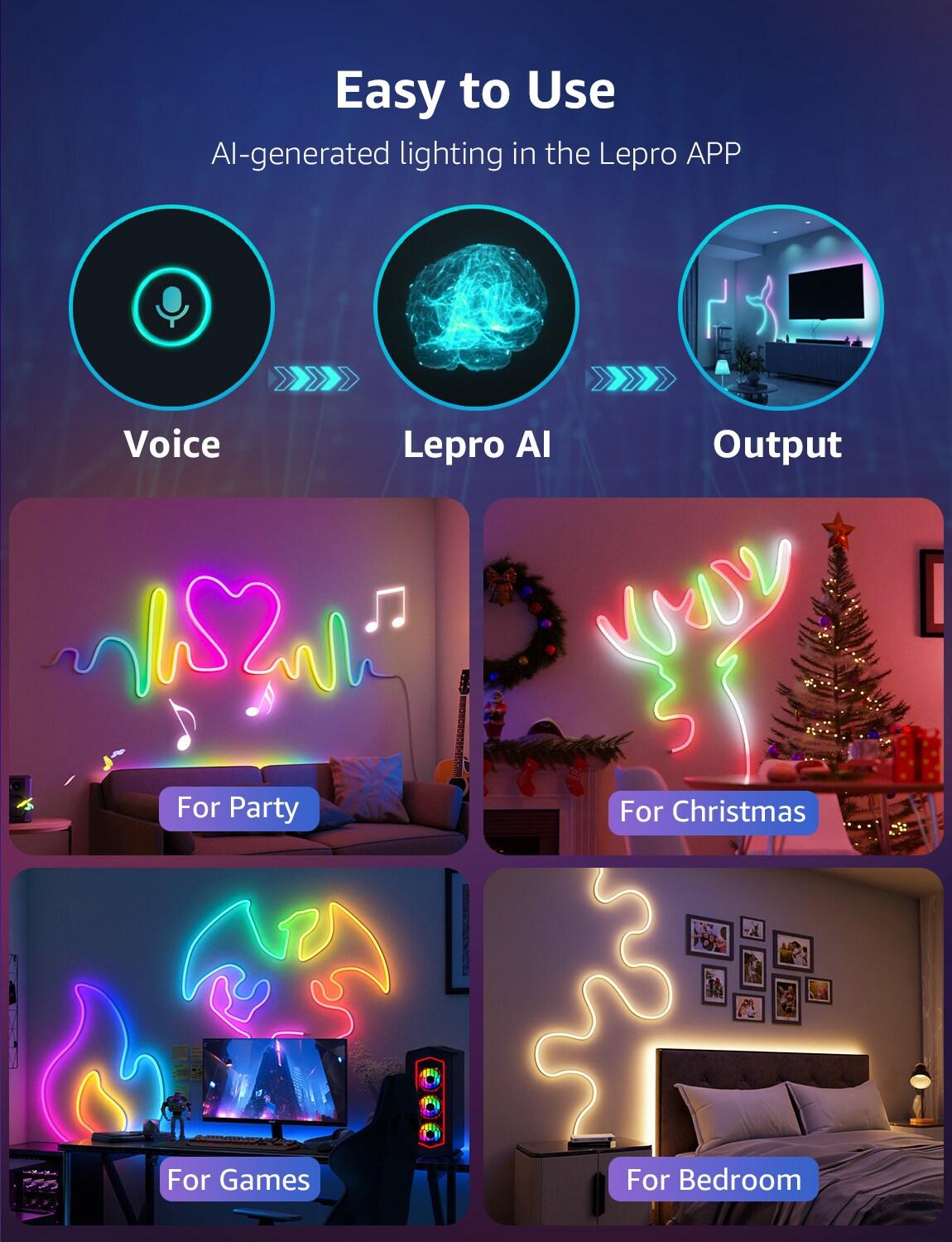 Lepro Lepro N1 AI Smart RGB Rope Lights, LLM AI Generated Lighting, LightBeats Music Sync, Color Segment DIY, Voice Control Via App, Wi-Fi & Bluetooth LED Strip Lights (Set of 6)