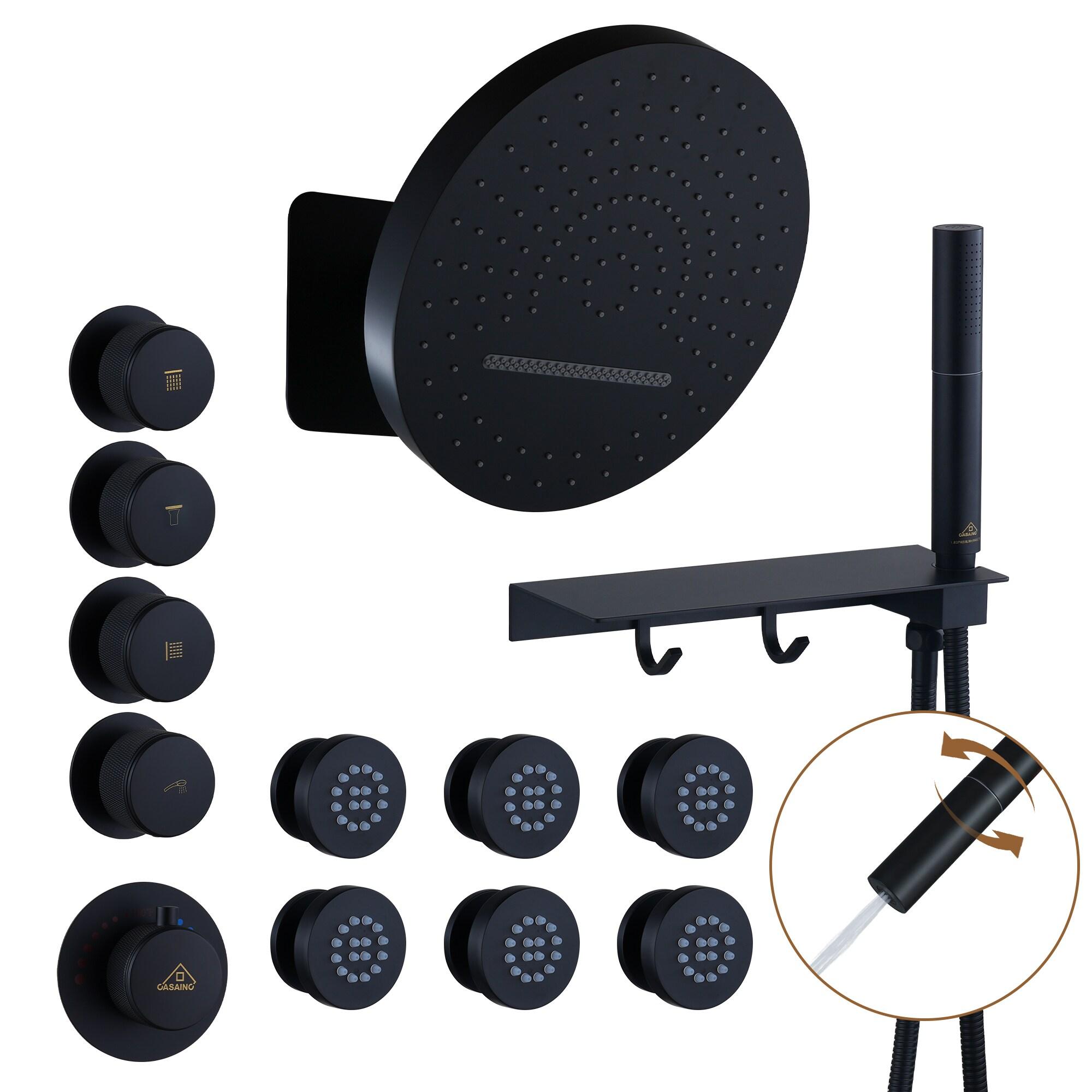 CASAINC KCHS0005-12MB Rainfall Thermostatic Shower System with Body Jets, 2-Sprays Shower Head and a Shelf