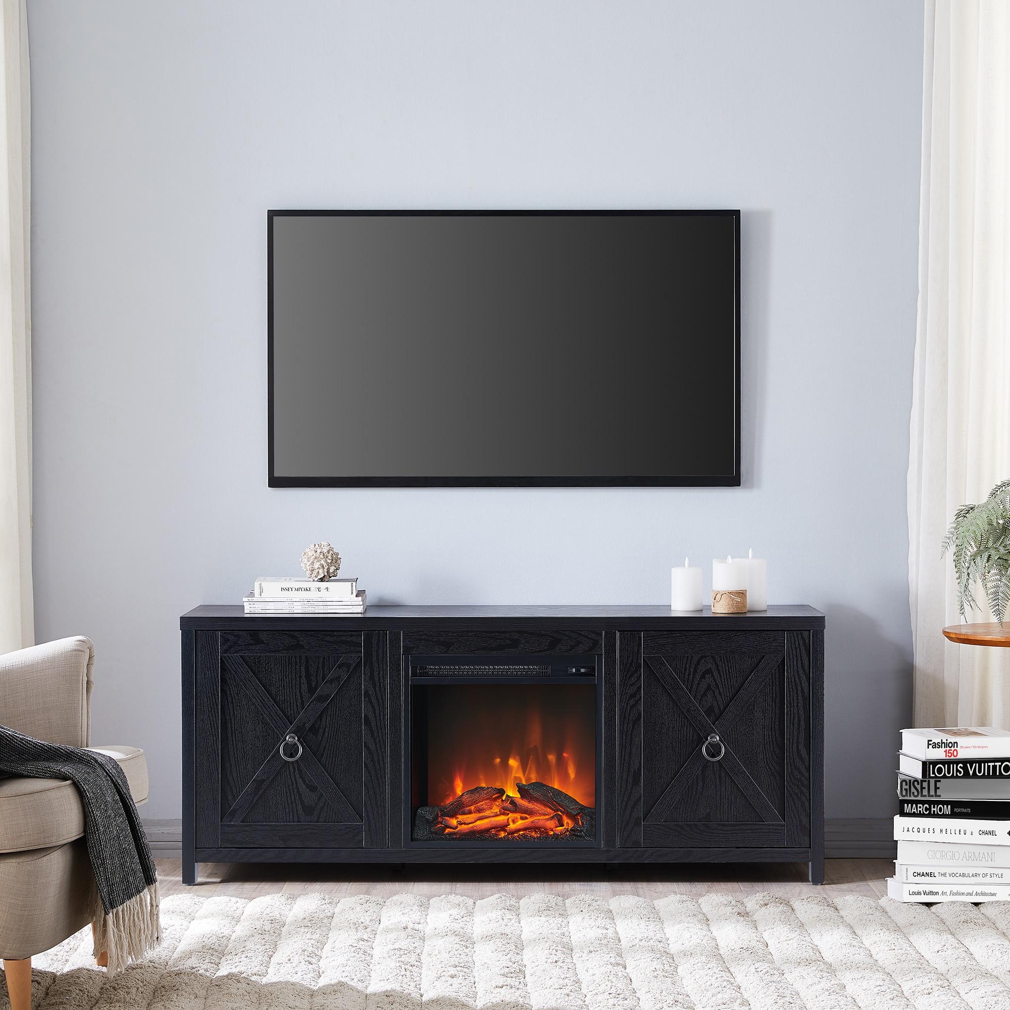 Evelyn&Zoe Granger Rectangular TV Stand with Log Fireplace for TV's up to 65", Black