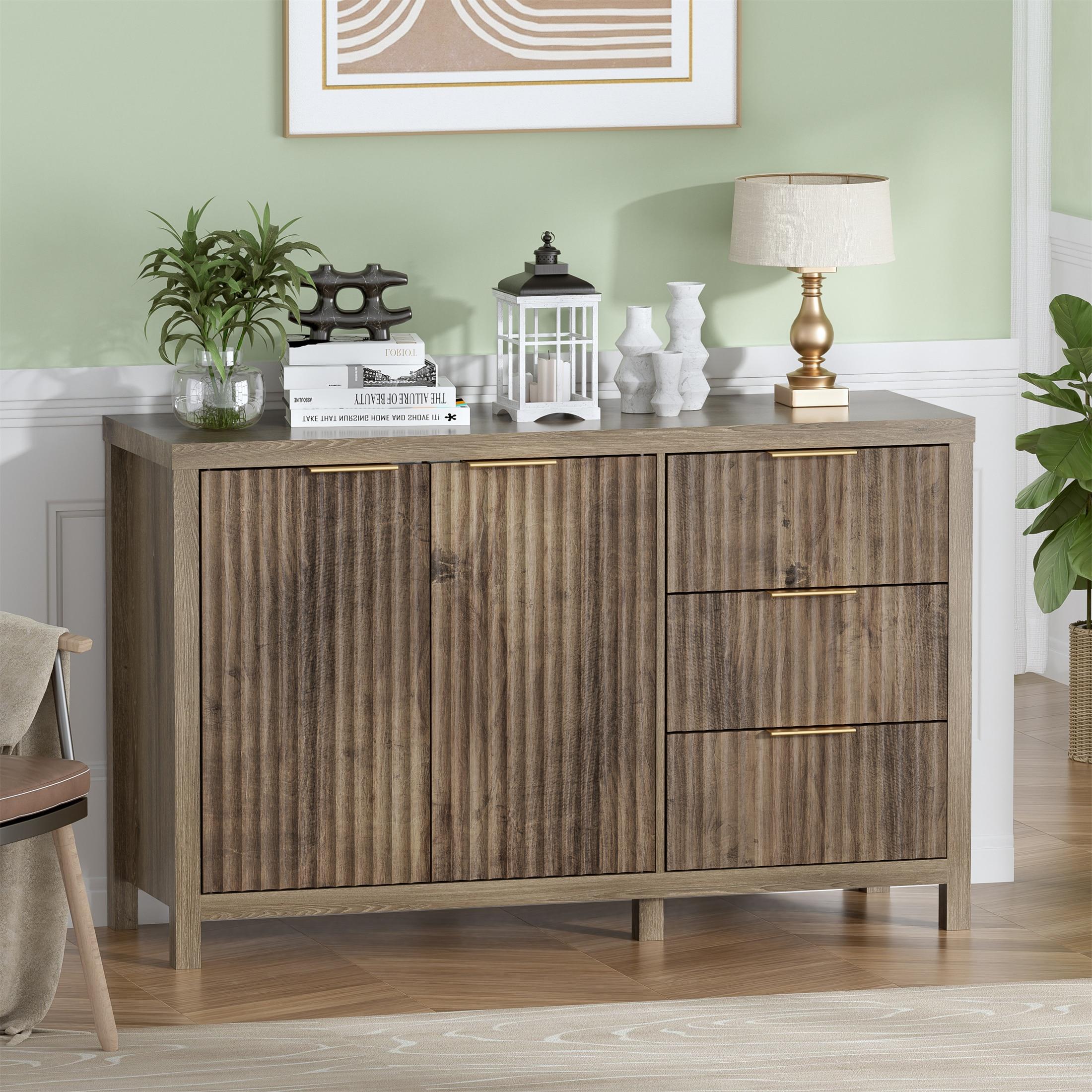 47" Brown MDF Wood Sideboard Buffet Cabinet with Grooved Doors and Drawers