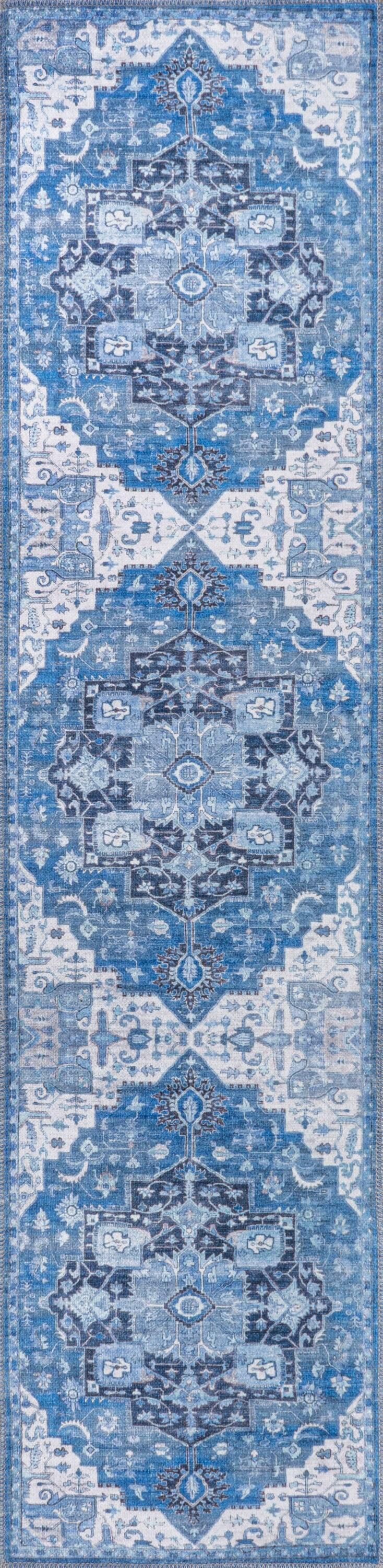 2' x 8' Maris Ornate Medallion Machine Washable Indoor/Outdoor Runner Rug, Blue/Navy - JONATHAN Y