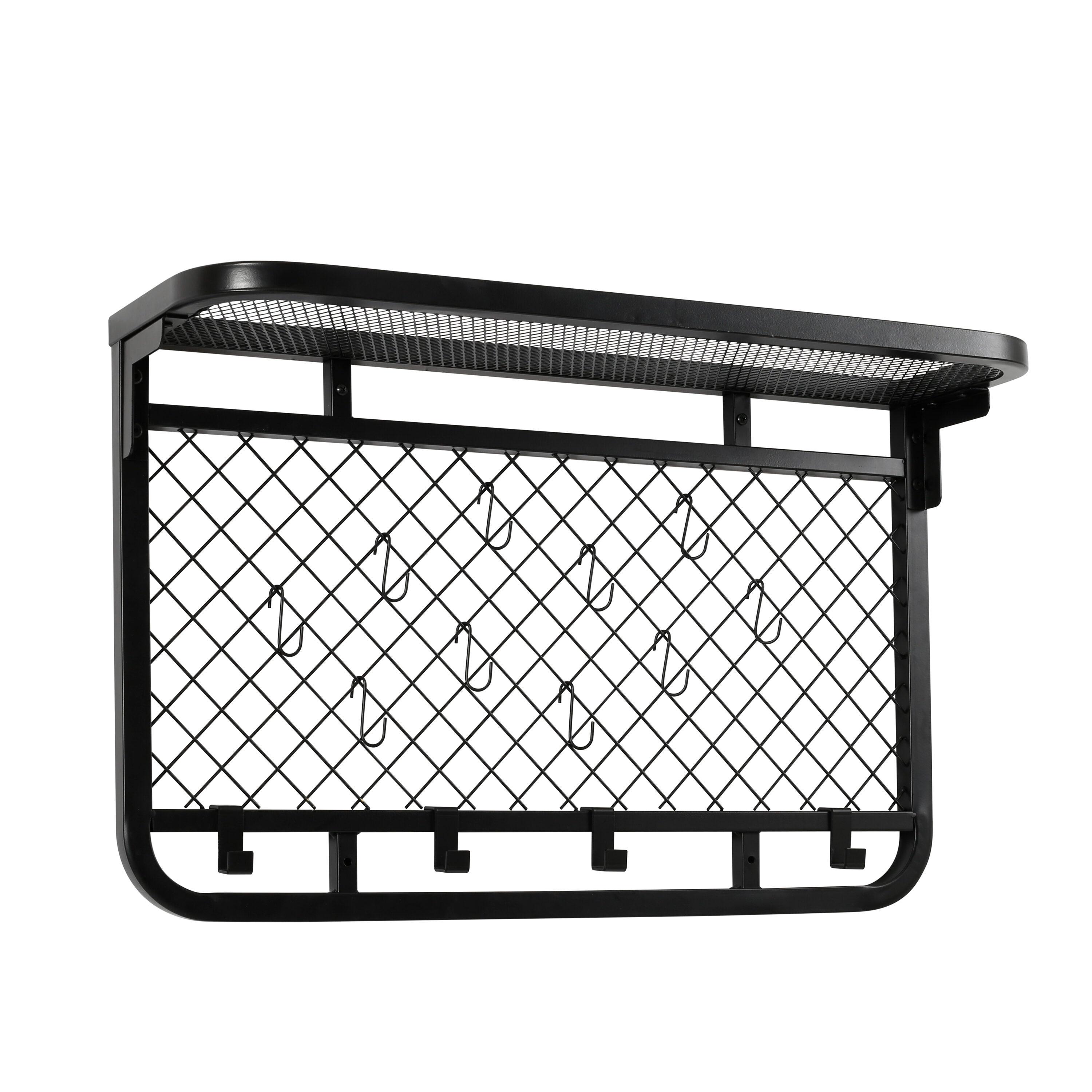 Honey-Can-Do Wall-Mounted Steel Reversible Garage Grid Shelf with Hooks, Black, Holds up to 60 lb per Shelf