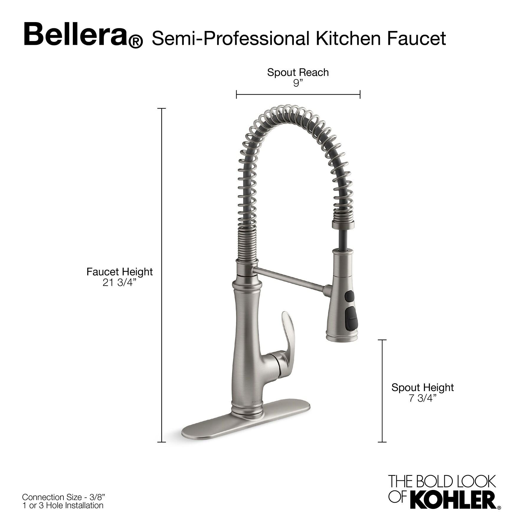 Kohler Bellera Single Handle Semi-Professional Pre-Rinse Kitchen Faucet with Three-Function Pull Down Sprayer