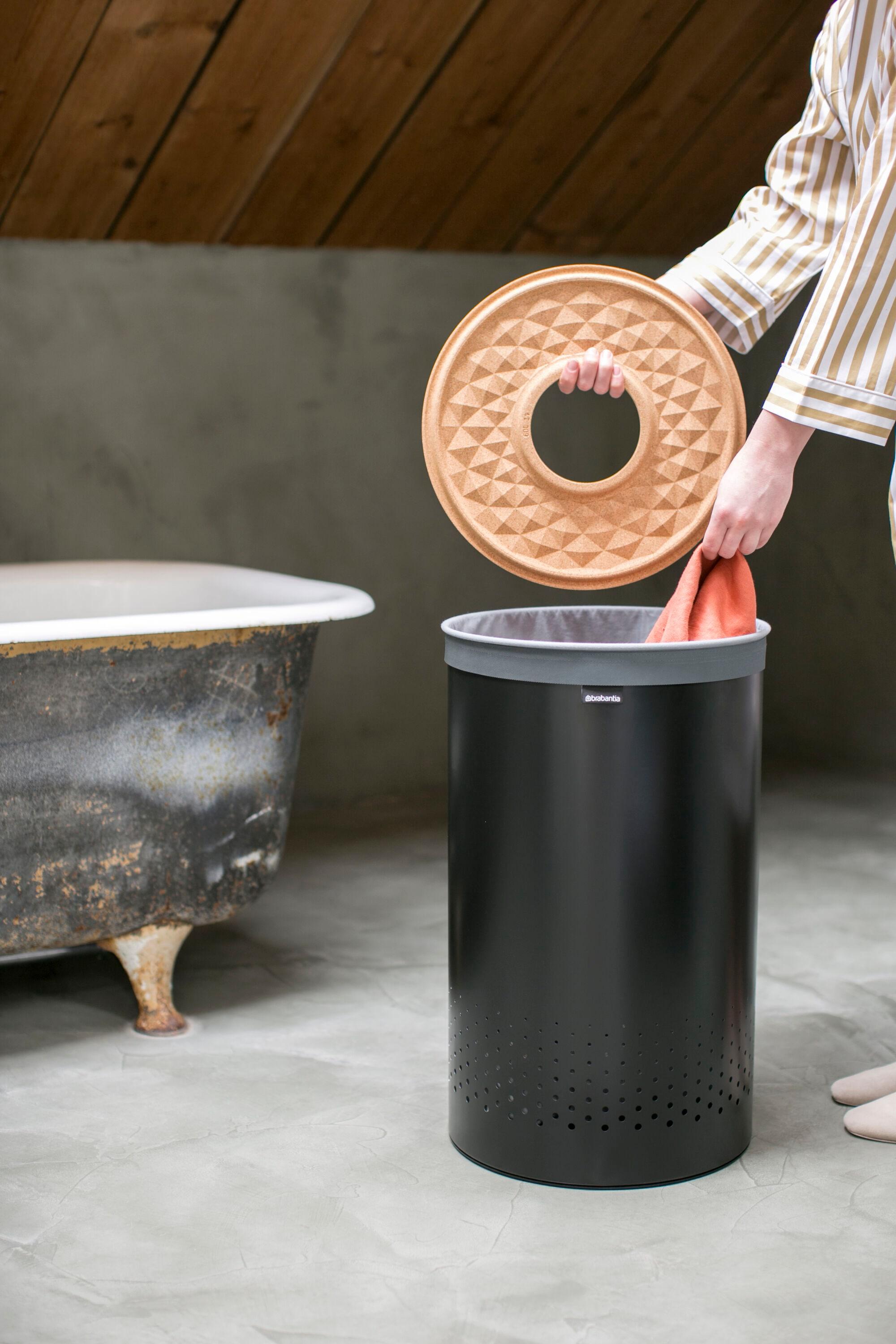 Brabantia - Laundry Hamper - with Cork Lid - Ventilation Holes - Corrosion Resistant Materials - Hygienic - Discrete - Laundry Basket - Bathroom - with Small Hole - Matt Black - 16 Gal