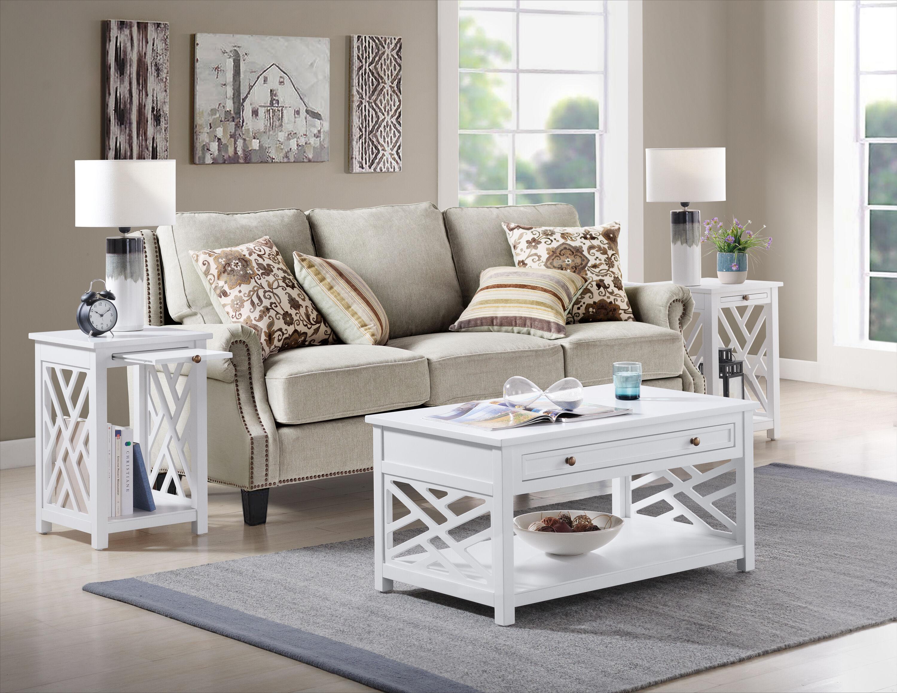 Alaterre Furniture 36" Middlebury Coffee Table with Drawer and 2 End Tables with Tray Shelf White: Mid-Century Modern, Wood Frame