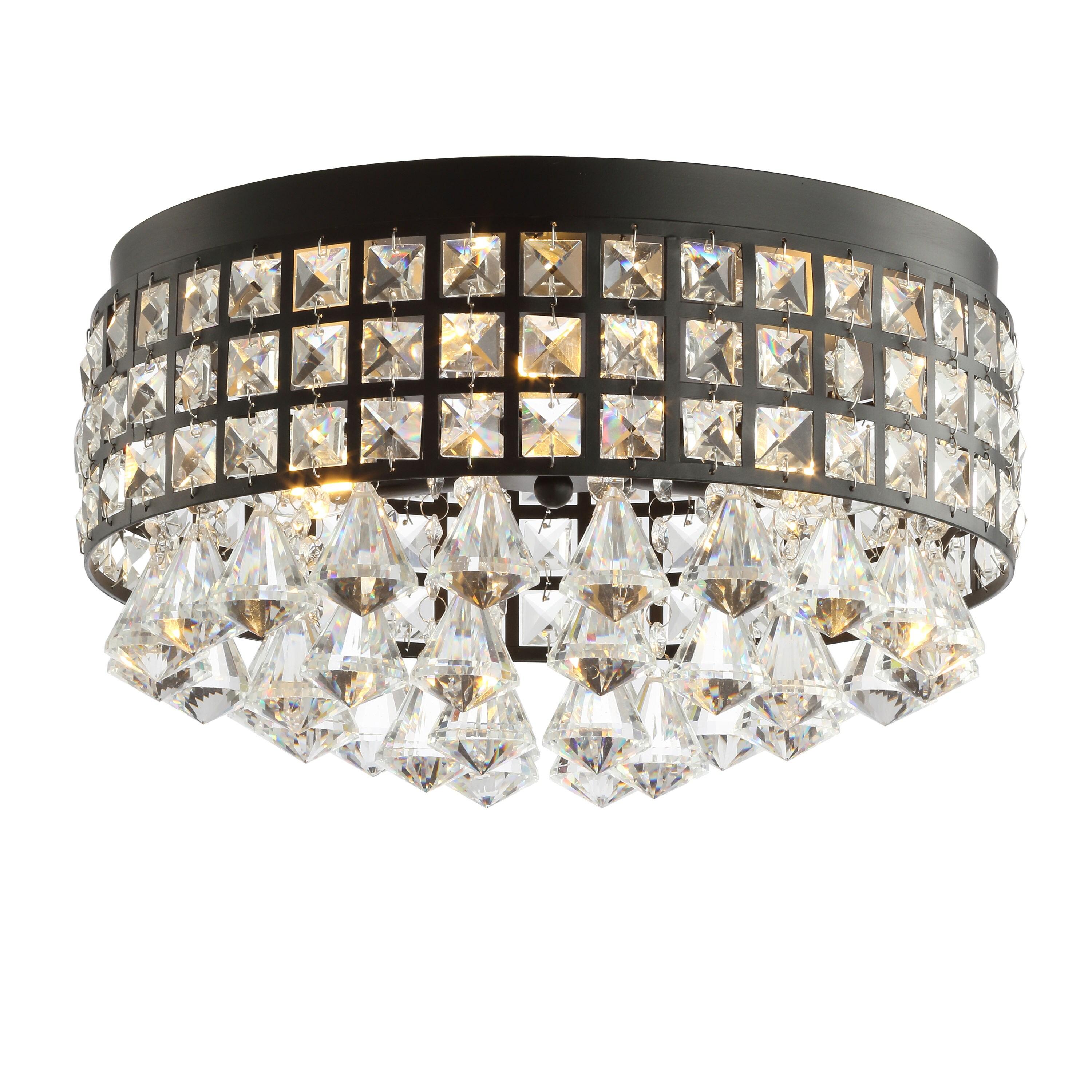 JONATHAN Y Meredith 14.5" 3-Light Crystal Drops/Metal LED Flush Mount, Black