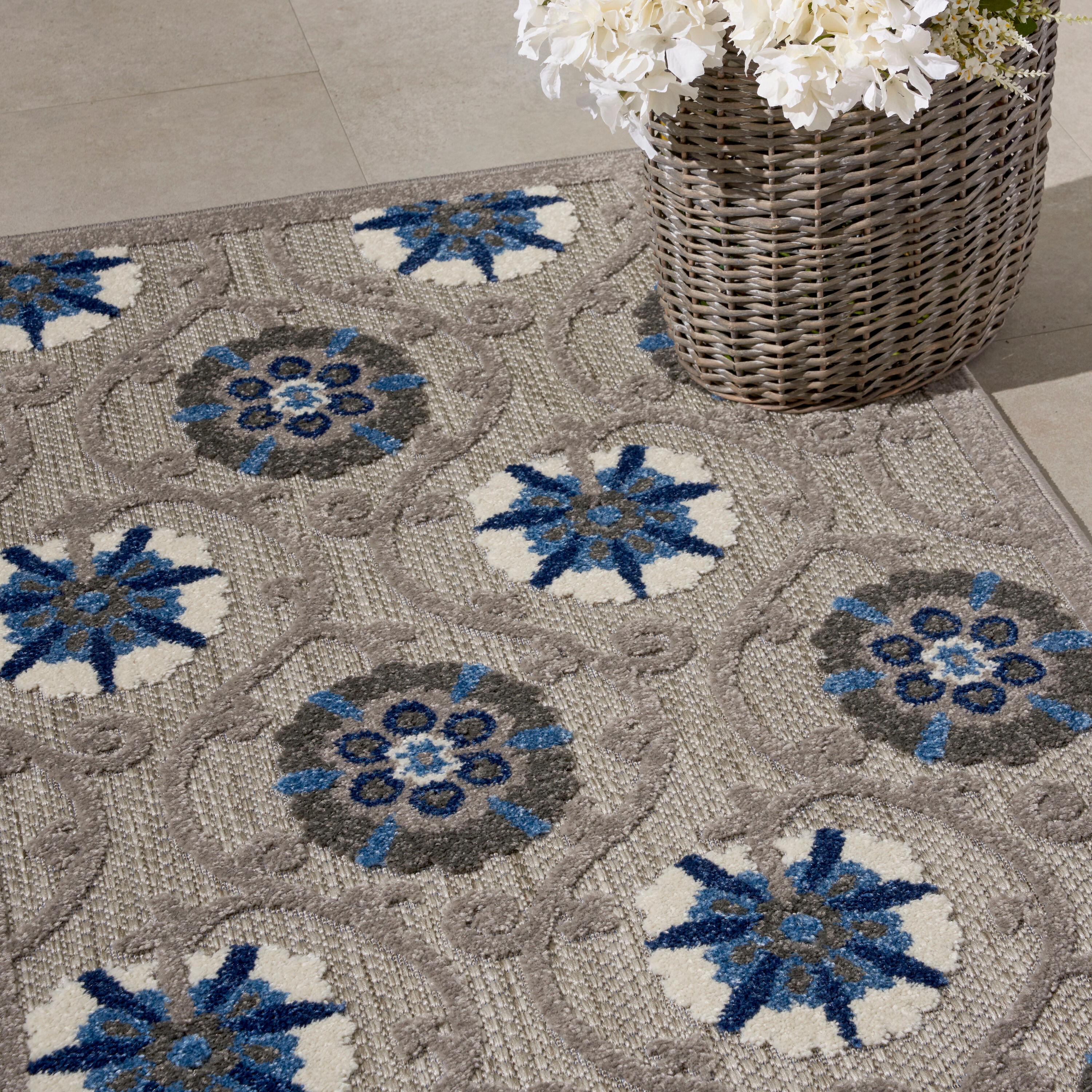 Nourison Aloha Contemporary Floral Flatweave High-Low Indoor Outdoor Area Rug Grey/Blue 2'8" x 4'