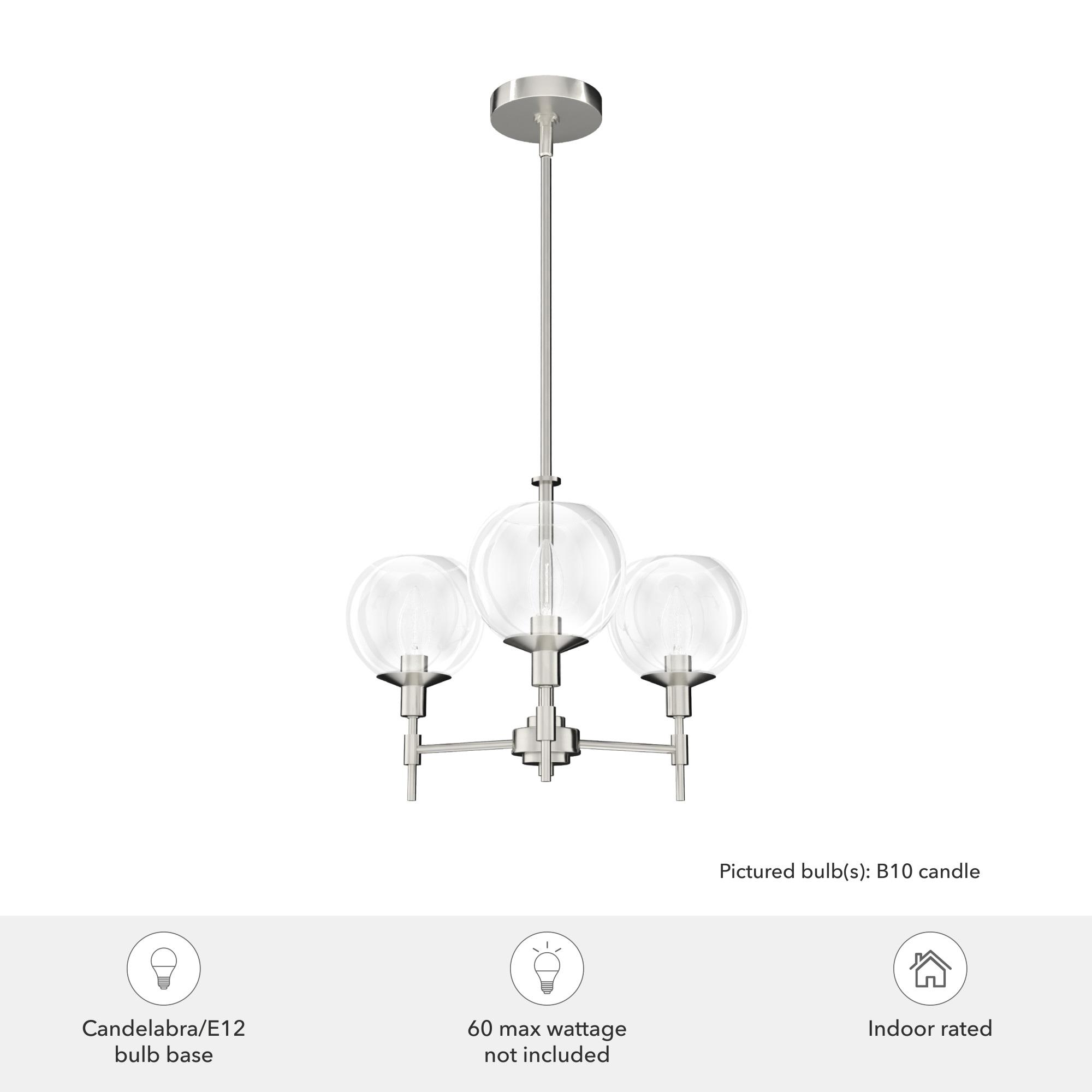 Hunter - Xidane 3-light Brushed Nickel, Medium Size Chandelier, Dimmable, Mid Century Modern Style, Candle Shaped, for Bedrooms, Kitchens, Dining, Living Rooms - 19740