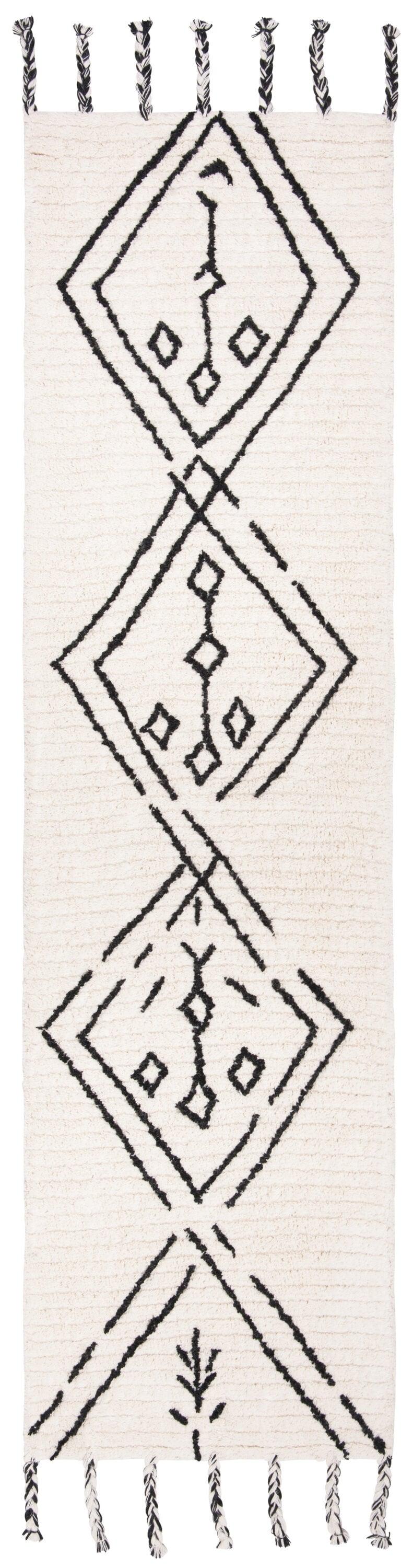SAFAVIEH Casablanca Otis Abstract Moroccan Wool Shag Runner Rug, Ivory/Black, 2'3" x 8'